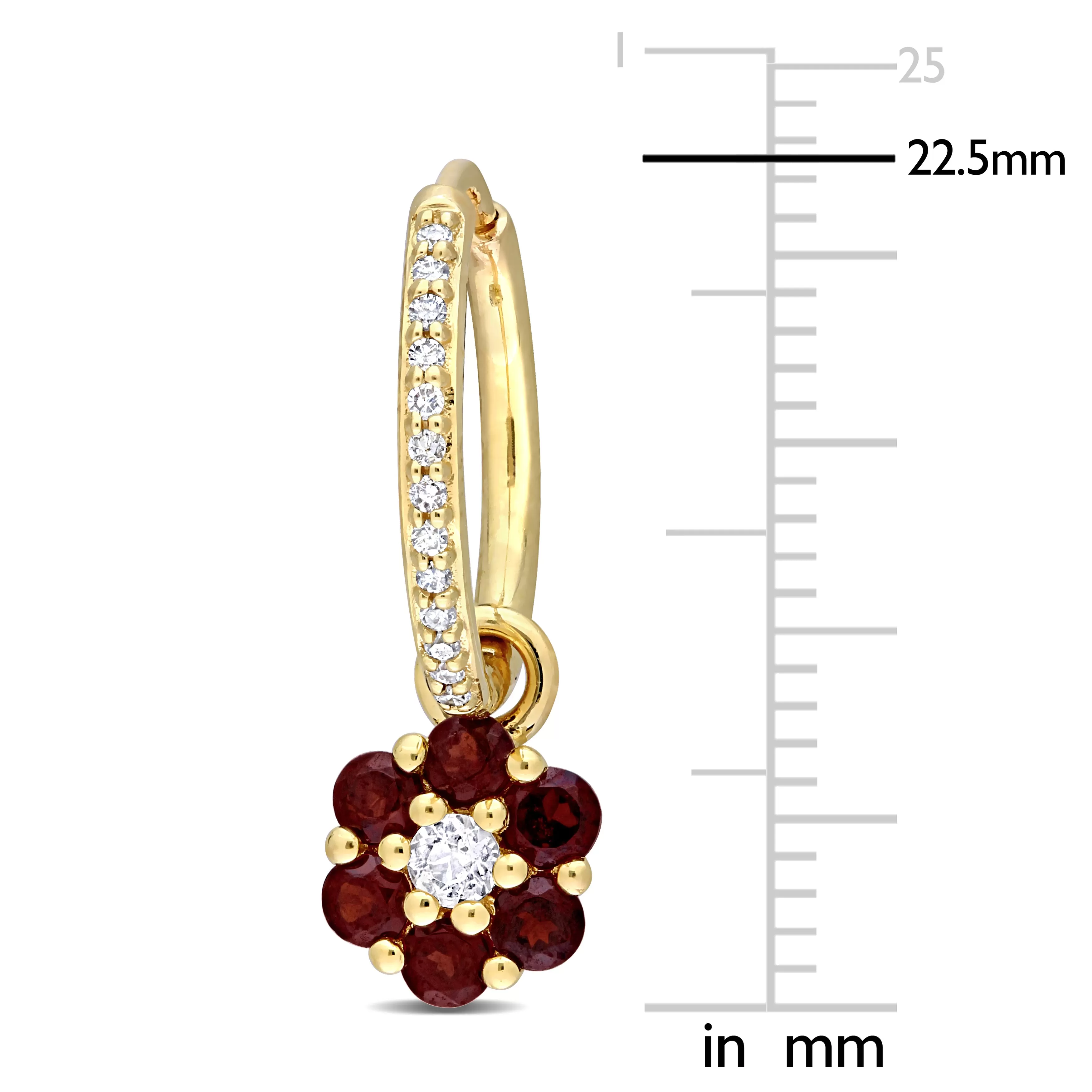 1 1/4 CT TGW White Topaz Garnet and 1/8 CT TW Diamond Floral Hoop Earrings in 10k Yellow Gold