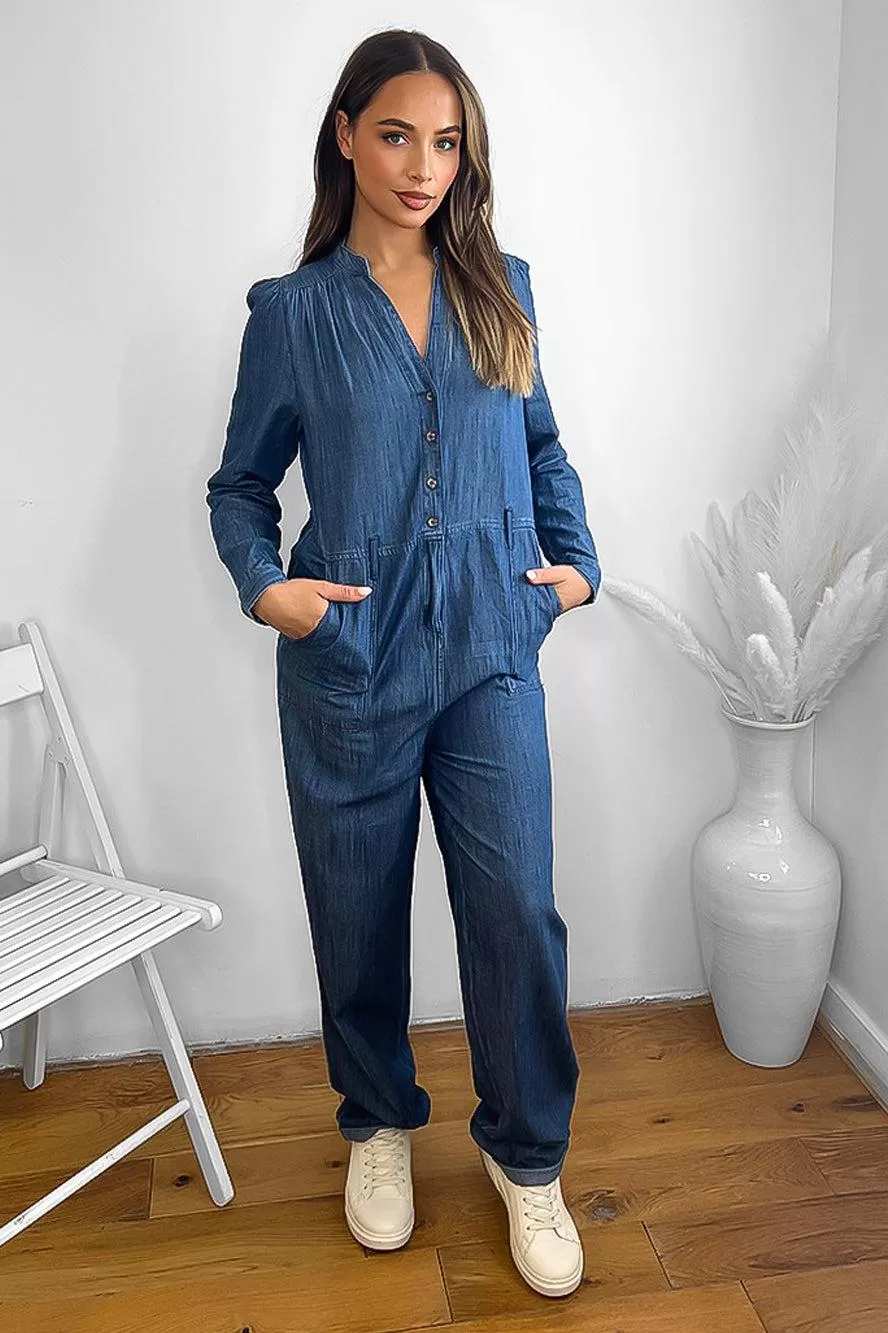 100% Cotton Dark Blue Denim Pleated Shoulders Smart Jumpsuit