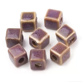 10mm Purple Cube Beads, Ceramic Porcelain, x10 beads, bgl2079