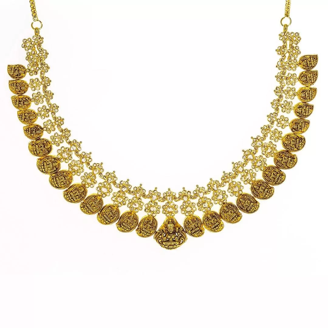 22K Yellow Gold Uncut Diamond Antique Temple Necklace Set W/ 9.39ct Uncut Diamonds & Laxmi Accents