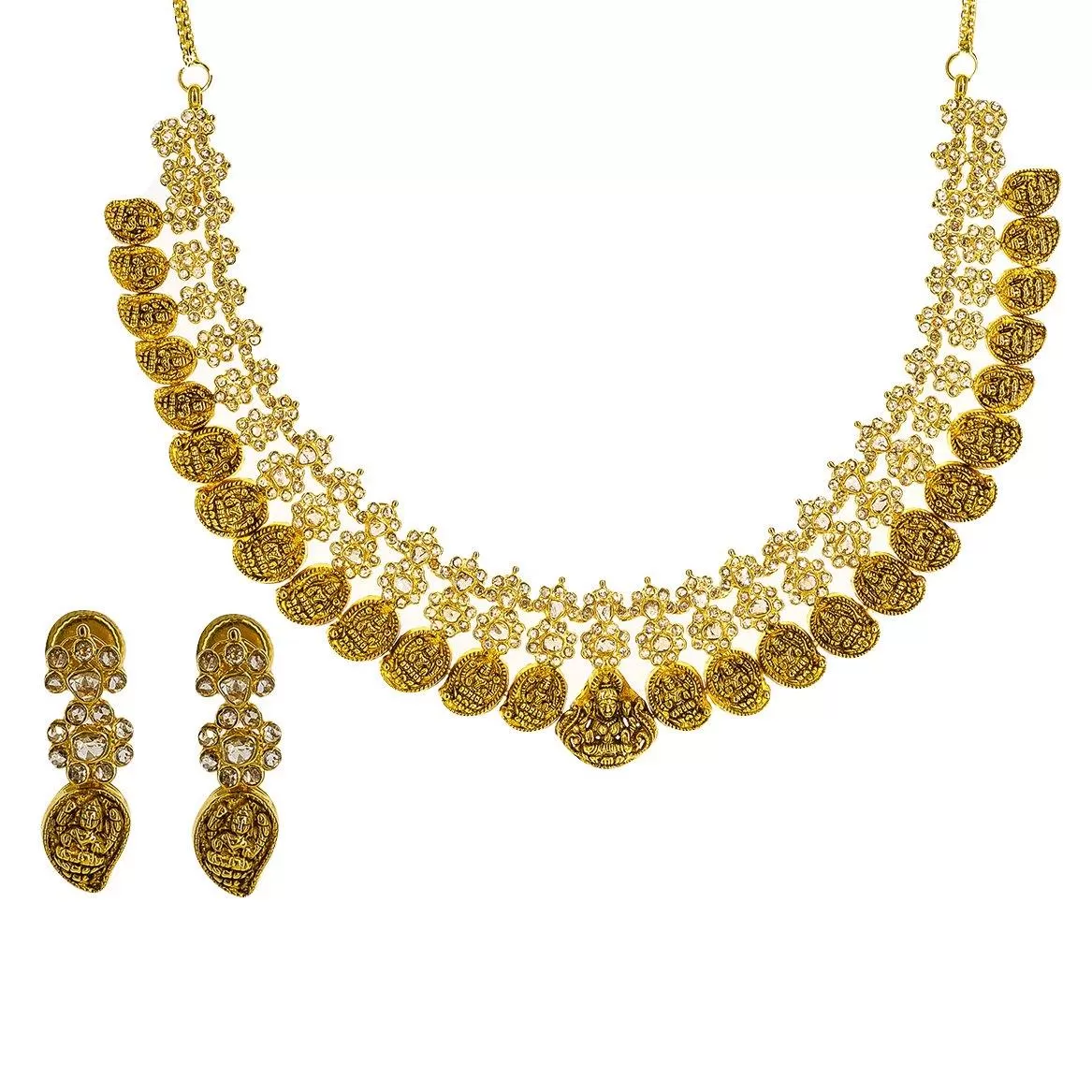 22K Yellow Gold Uncut Diamond Antique Temple Necklace Set W/ 9.39ct Uncut Diamonds & Laxmi Accents