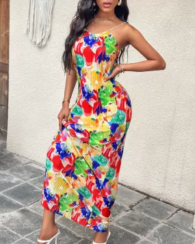 Abstract All Over Print Pleated Design Spaghetti Strap Maxi Dress