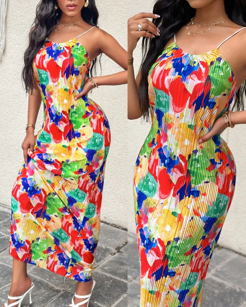 Abstract All Over Print Pleated Design Spaghetti Strap Maxi Dress