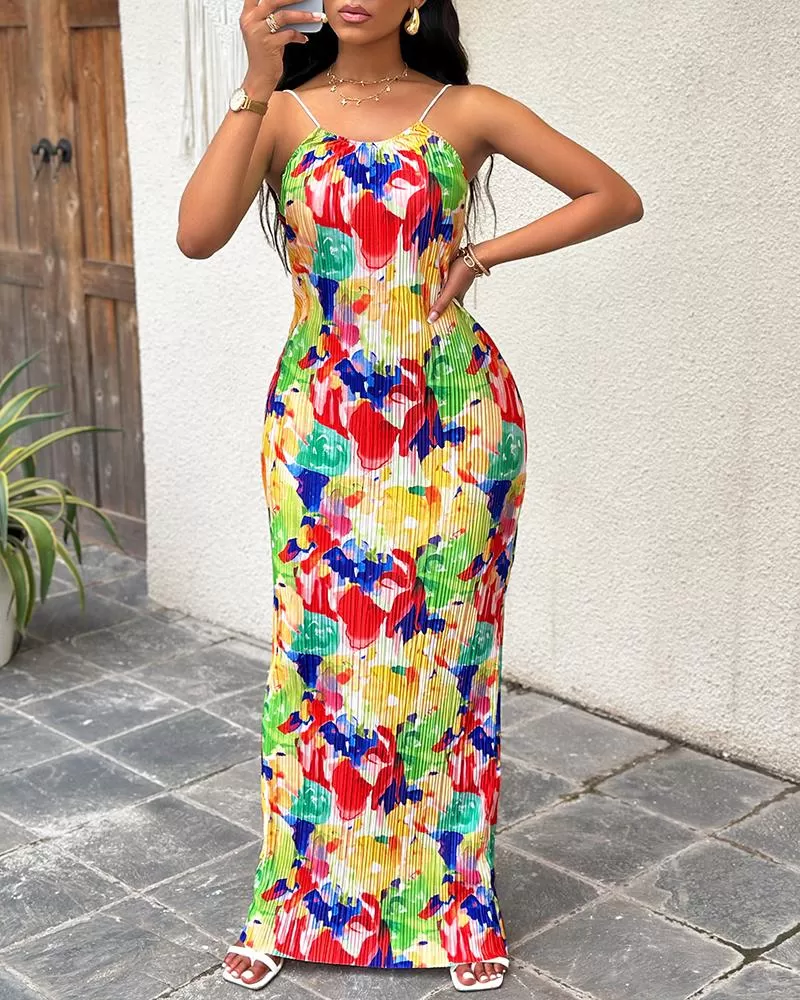 Abstract All Over Print Pleated Design Spaghetti Strap Maxi Dress