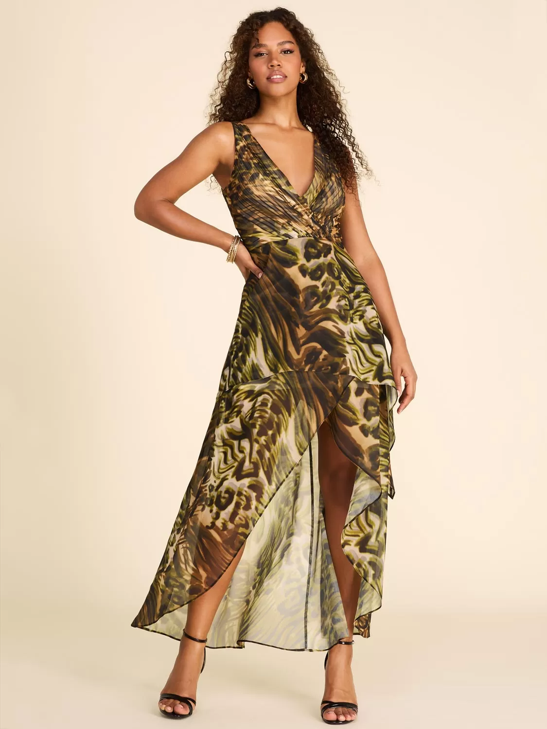 Animal Print Crossover High-Low Chiffon Midi Dress