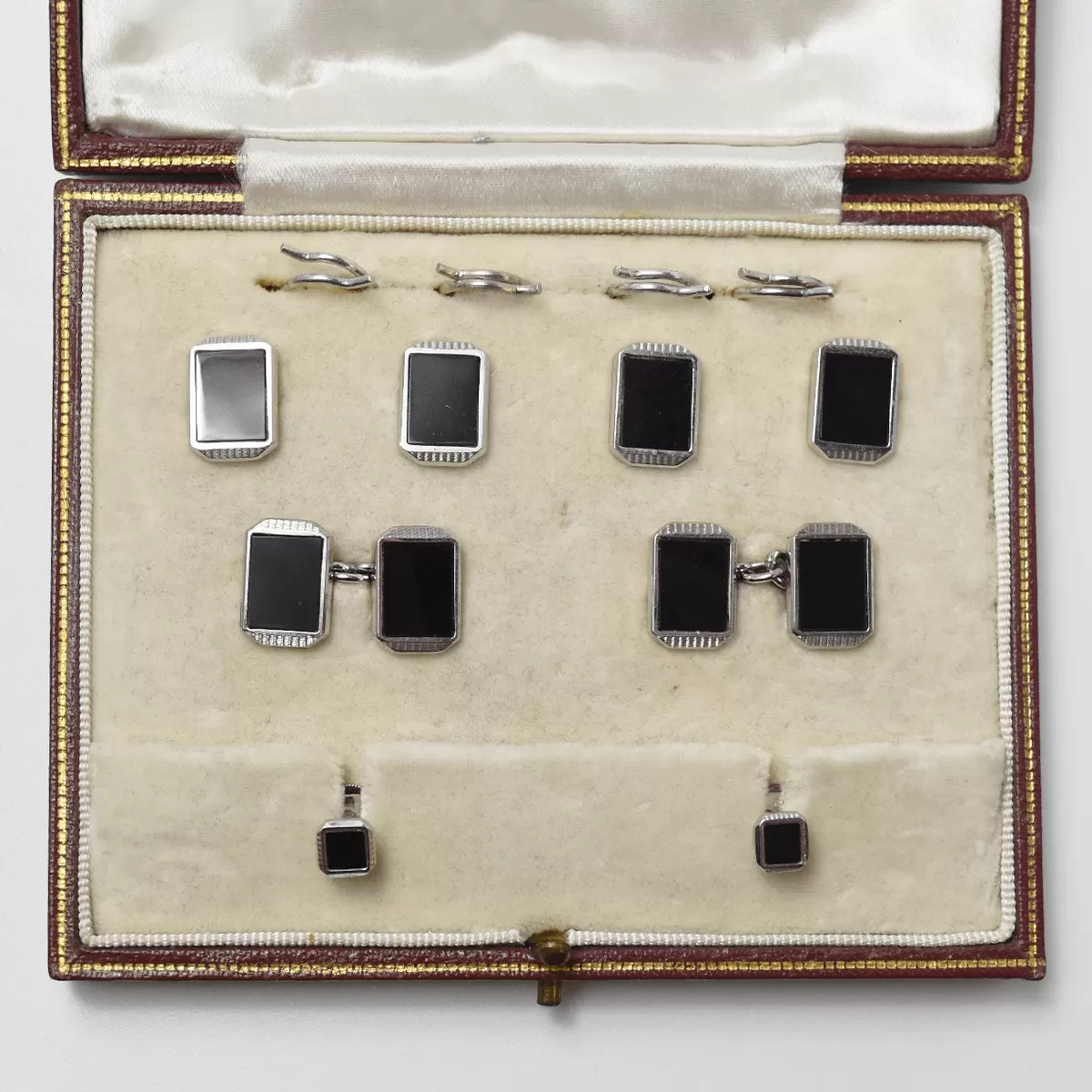 Art Deco Onyx White Gold Cufflinks Dress Set