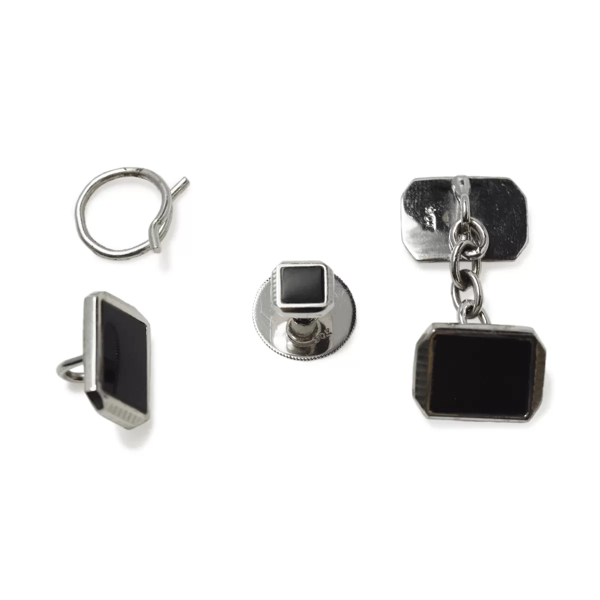 Art Deco Onyx White Gold Cufflinks Dress Set