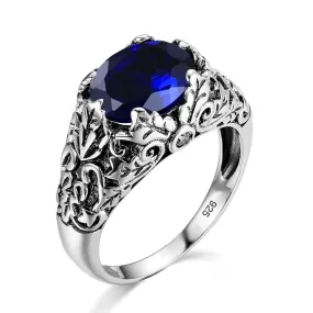 Blue Sapphire Neo-Gothic Oval Shape Trendy Ring - 925 Sterling Silver