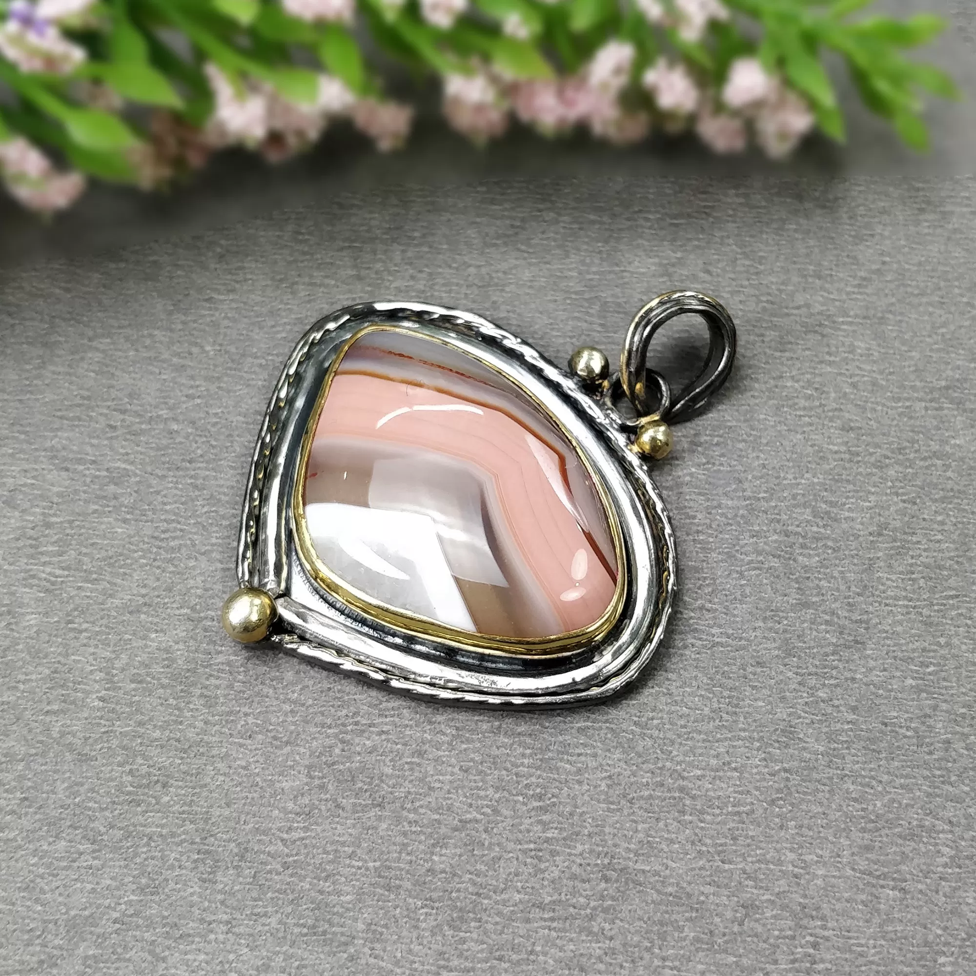 BOTSWANA AGATE 925 Sterling Silver Pendant : 13.61gms Natural Gemstone Victorian Gold Plated Bezel Set Pendant 1.75"