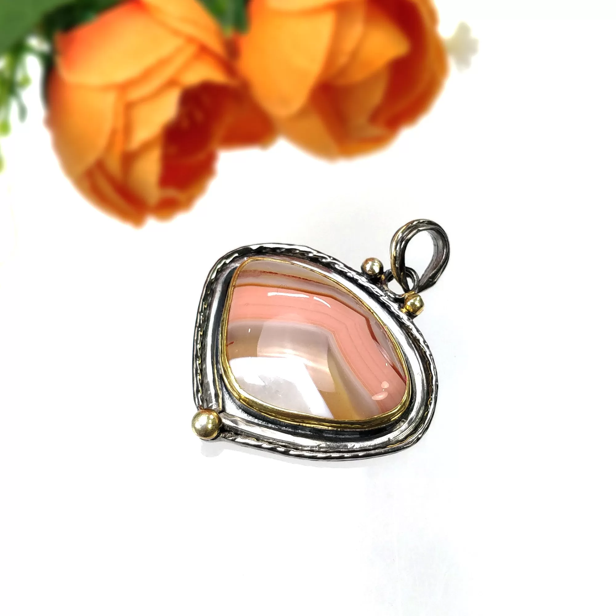 BOTSWANA AGATE 925 Sterling Silver Pendant : 13.61gms Natural Gemstone Victorian Gold Plated Bezel Set Pendant 1.75"