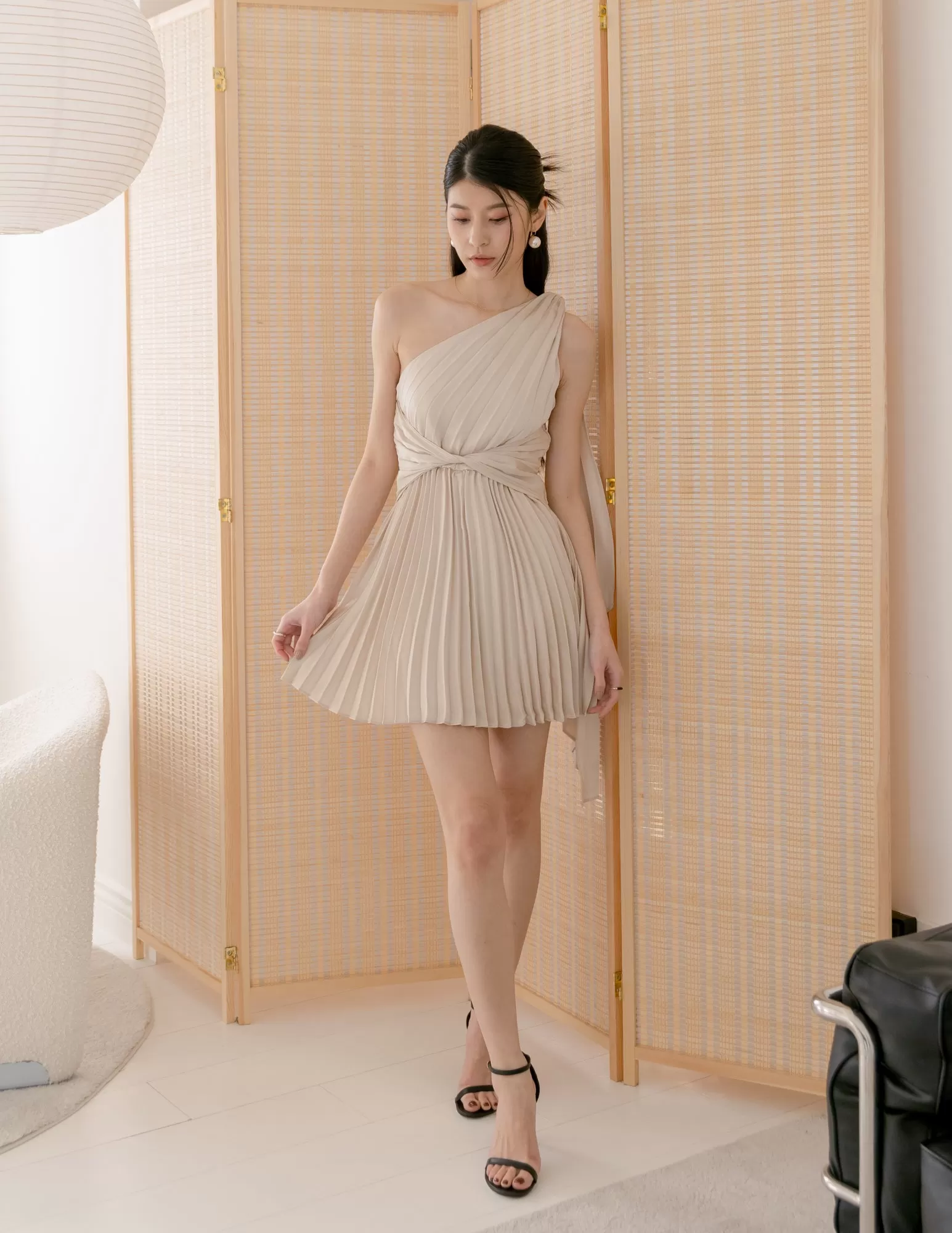 Cheyenne Toga Pleated Dress in Champagne