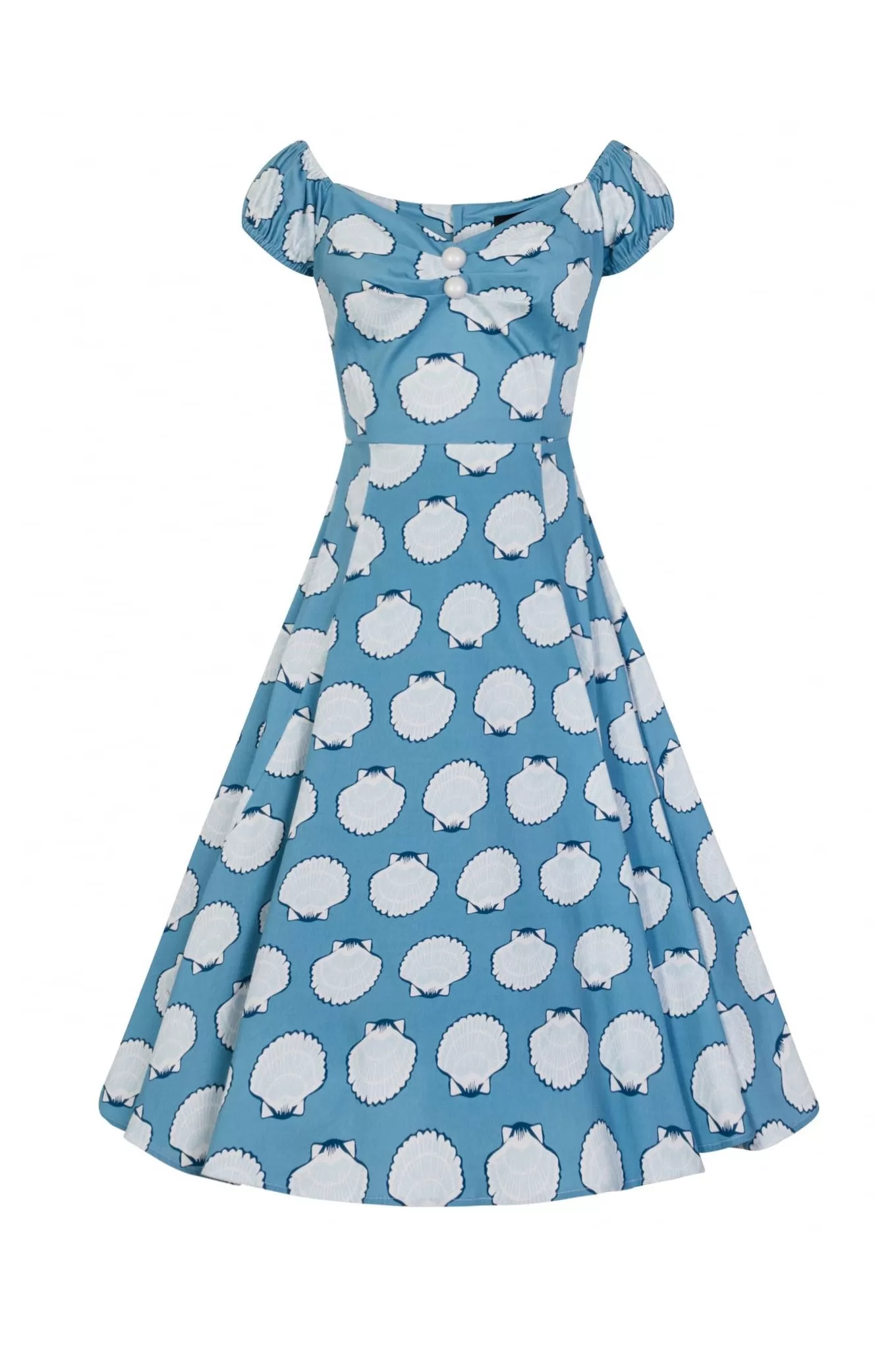 Collectif Sky Blue Seashell Print Sweetheart Neckline 50s Swing Dress