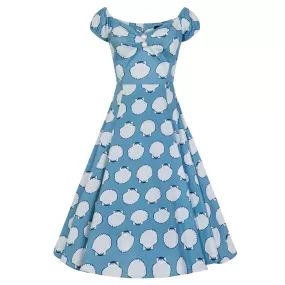 Collectif Sky Blue Seashell Print Sweetheart Neckline 50s Swing Dress