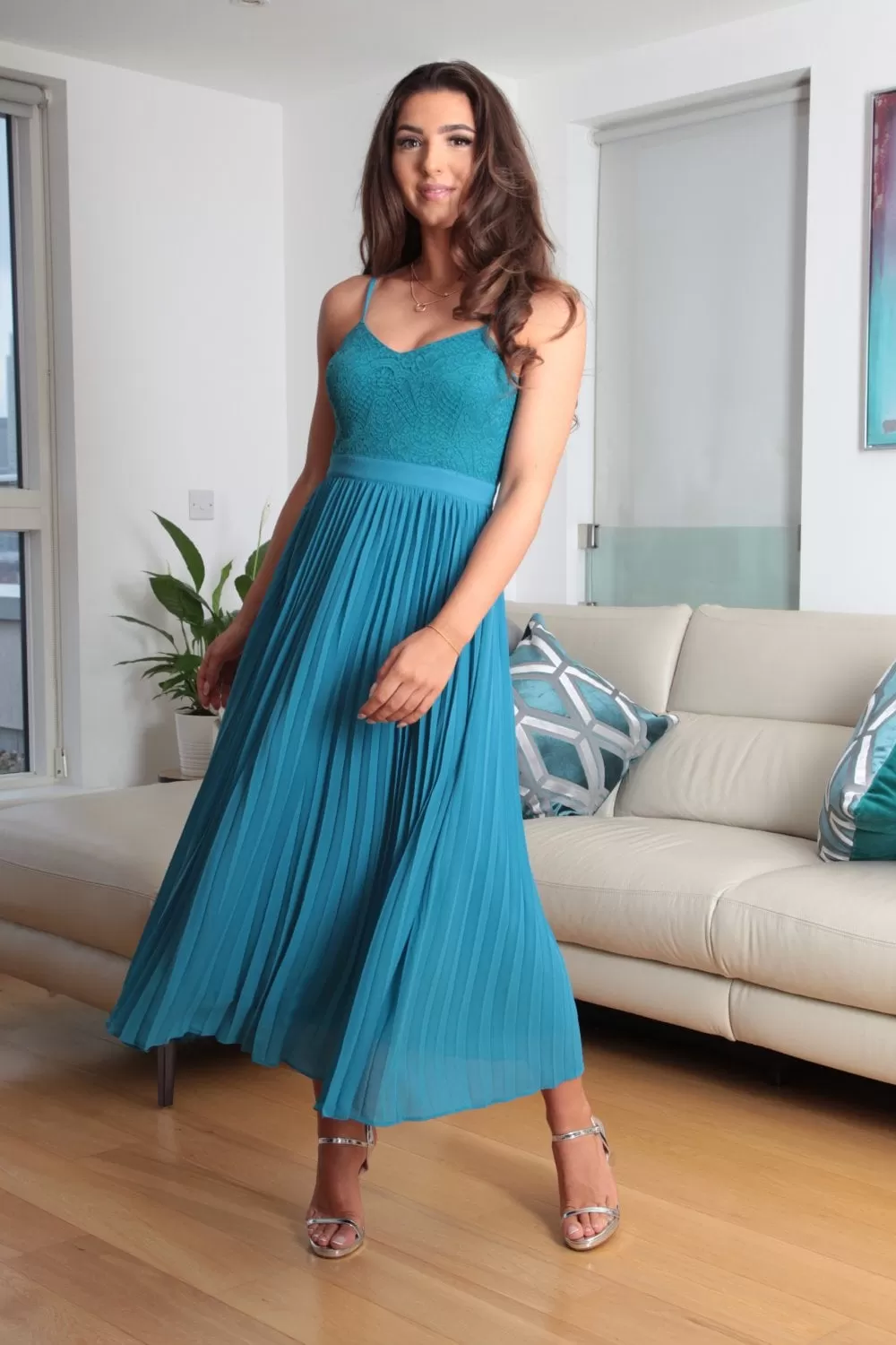 Double Second Blue Strappy Pleated Lace Dress