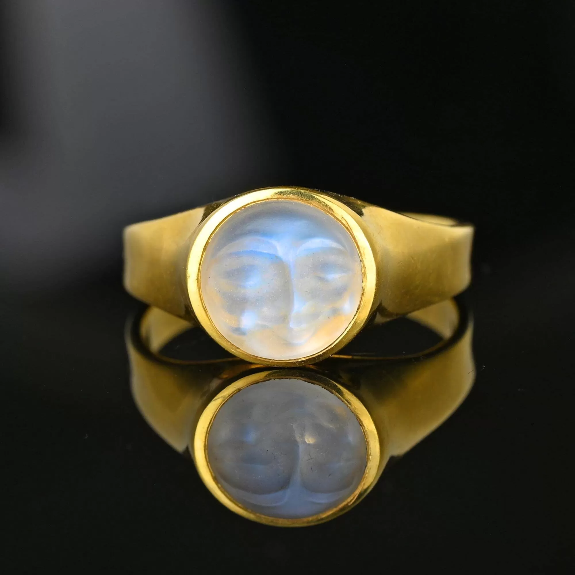 Ed Spencer Carved Man in the Moon Moonstone Ring in 18K Gold