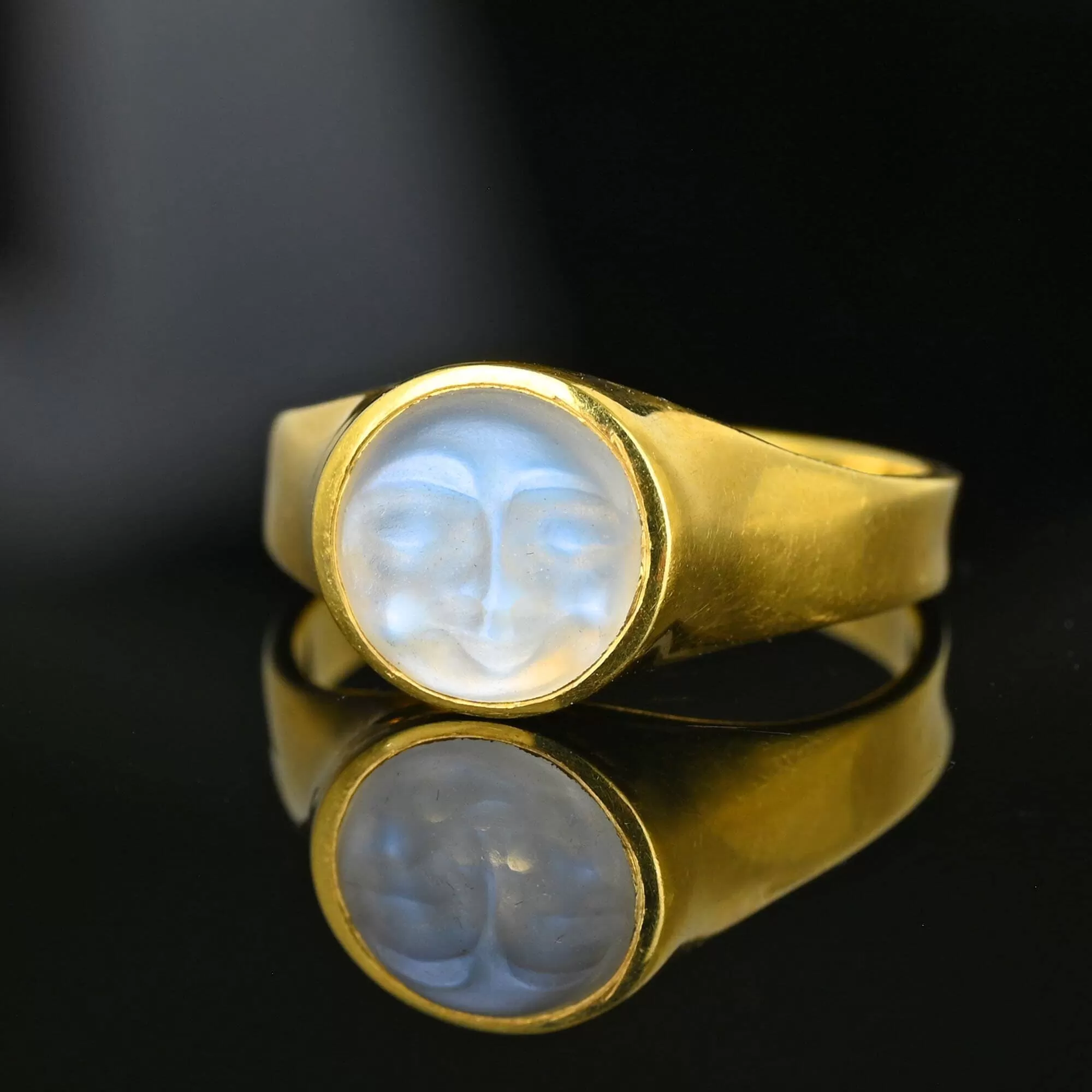 Ed Spencer Carved Man in the Moon Moonstone Ring in 18K Gold