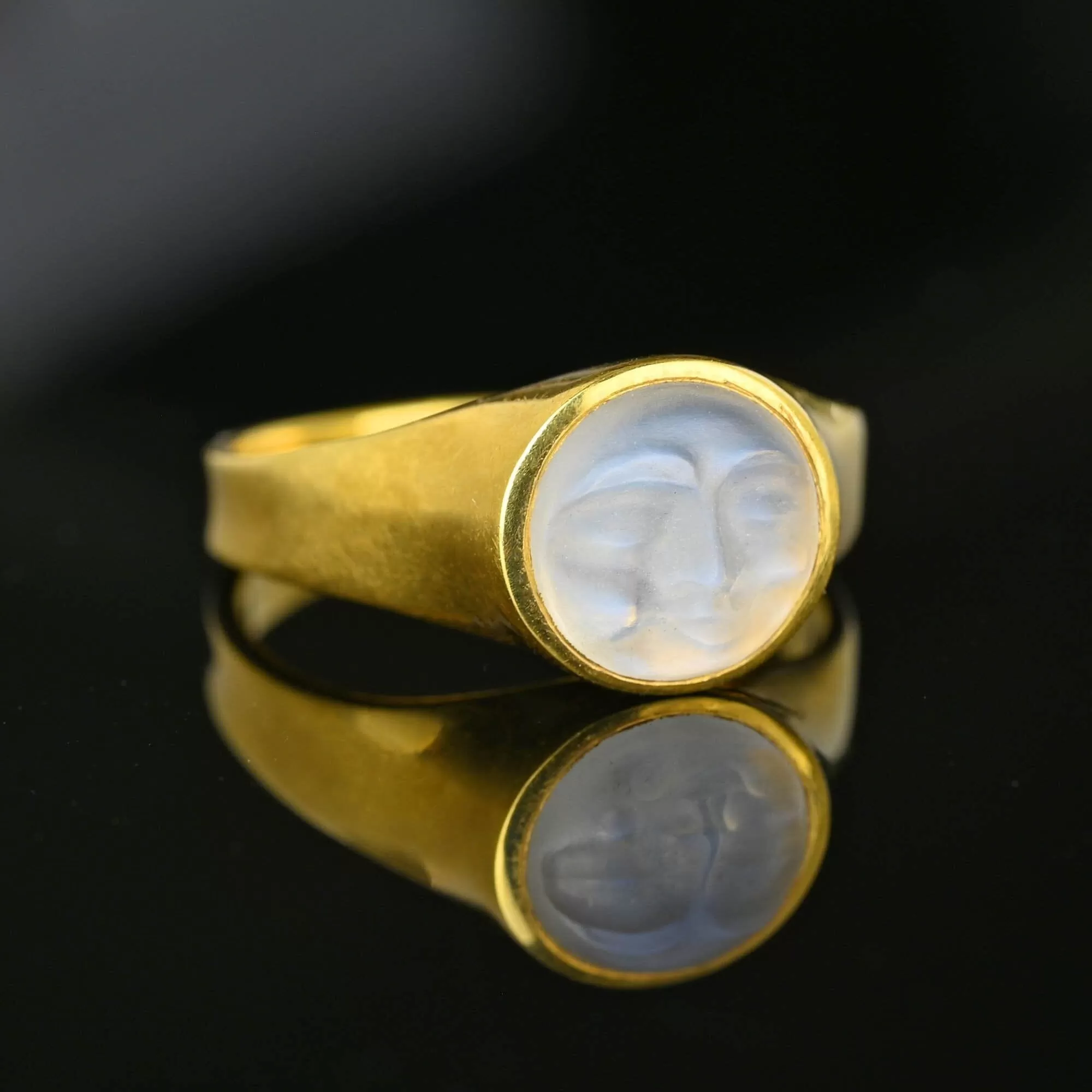 Ed Spencer Carved Man in the Moon Moonstone Ring in 18K Gold