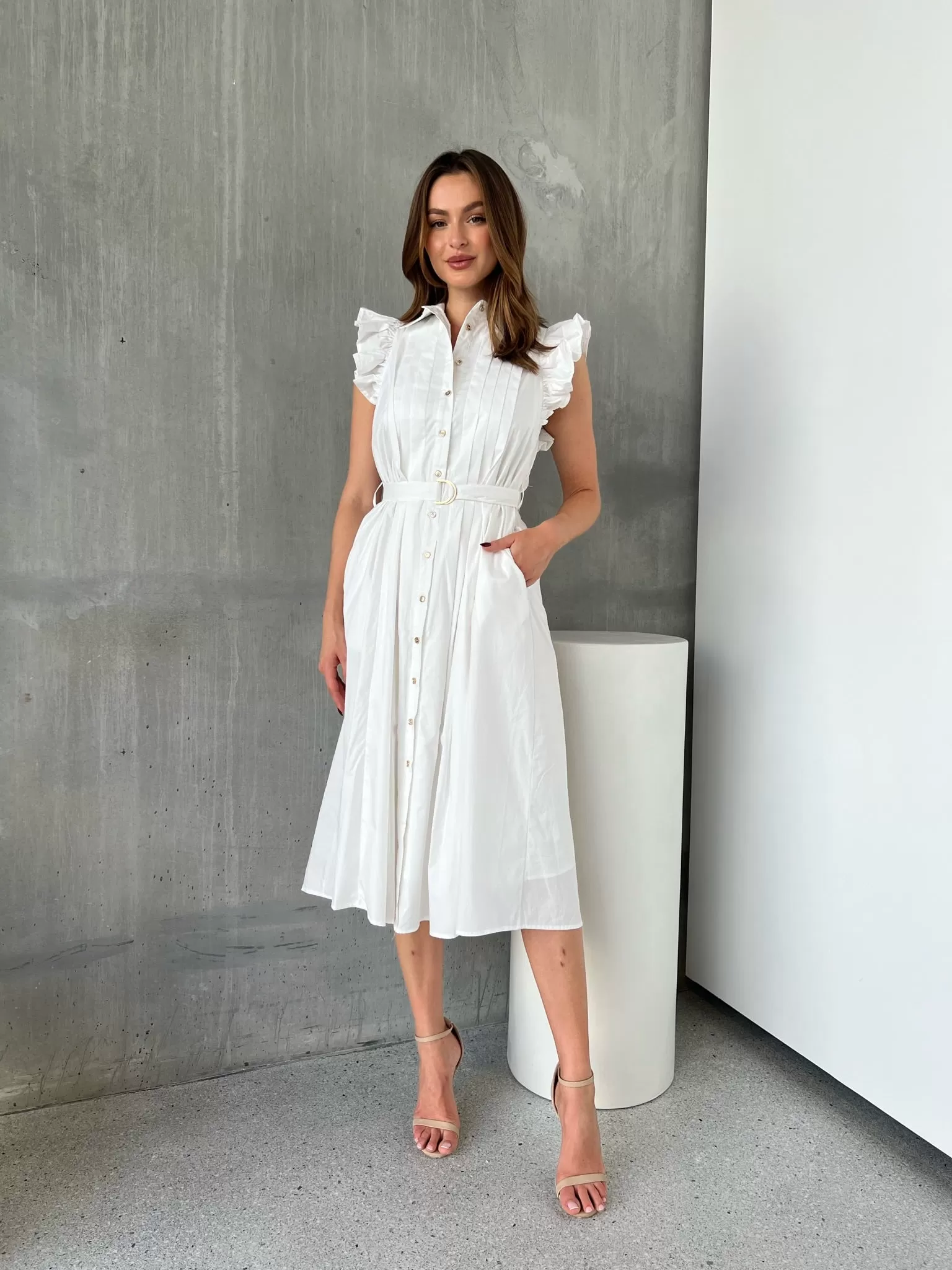 Estelle White Collared Frill Sleeve Pleated Midi Dress