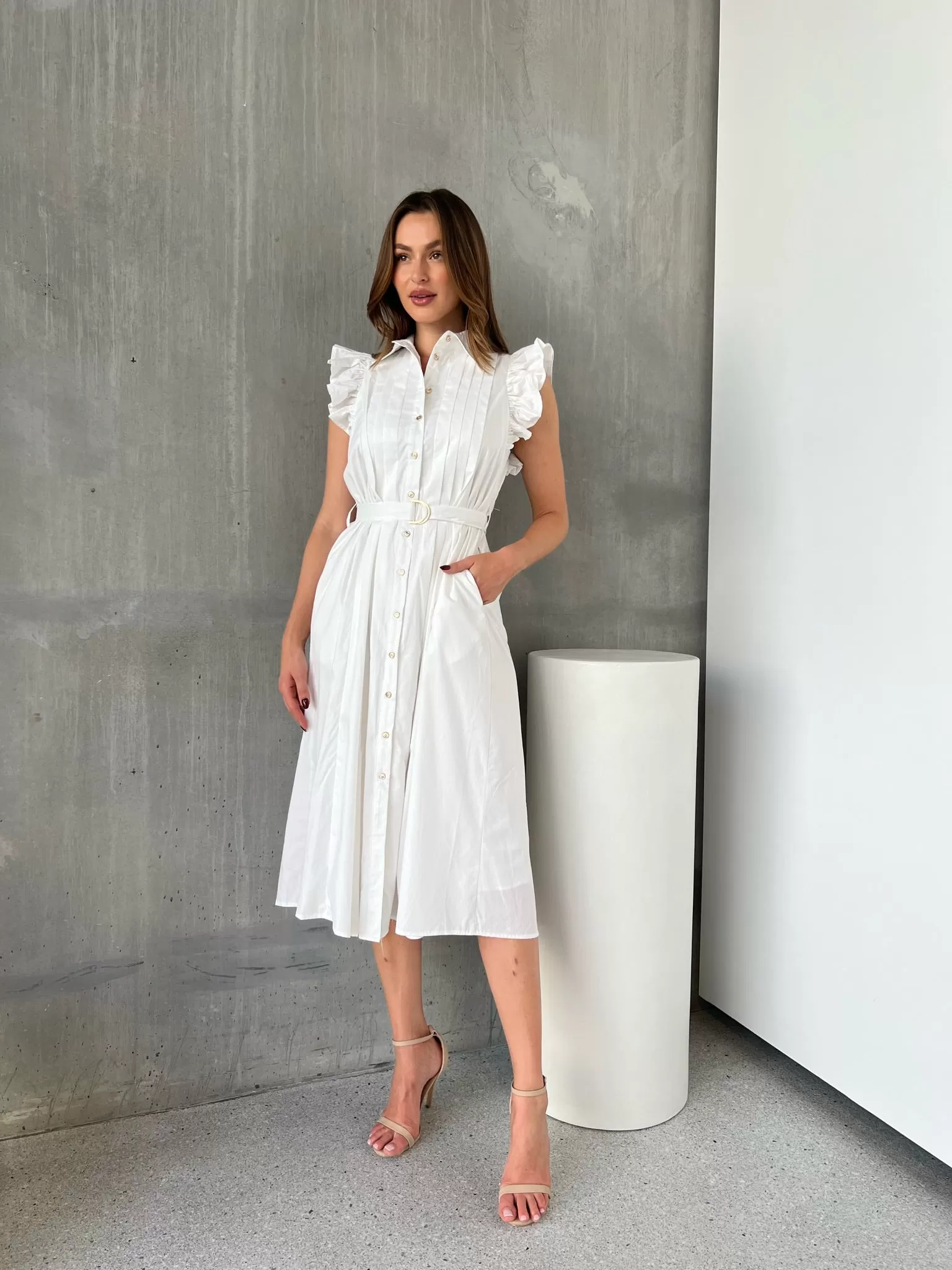 Estelle White Collared Frill Sleeve Pleated Midi Dress