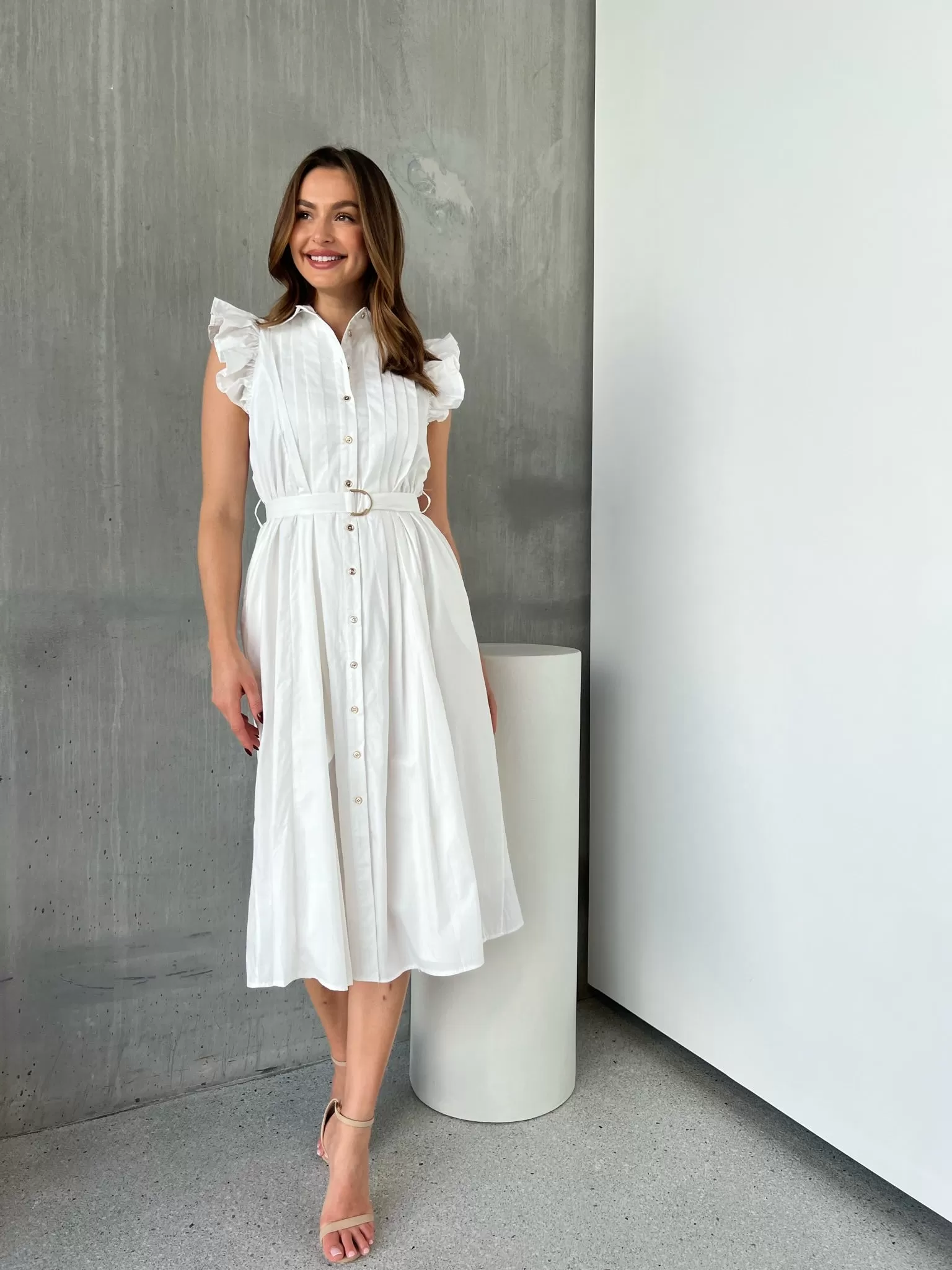 Estelle White Collared Frill Sleeve Pleated Midi Dress