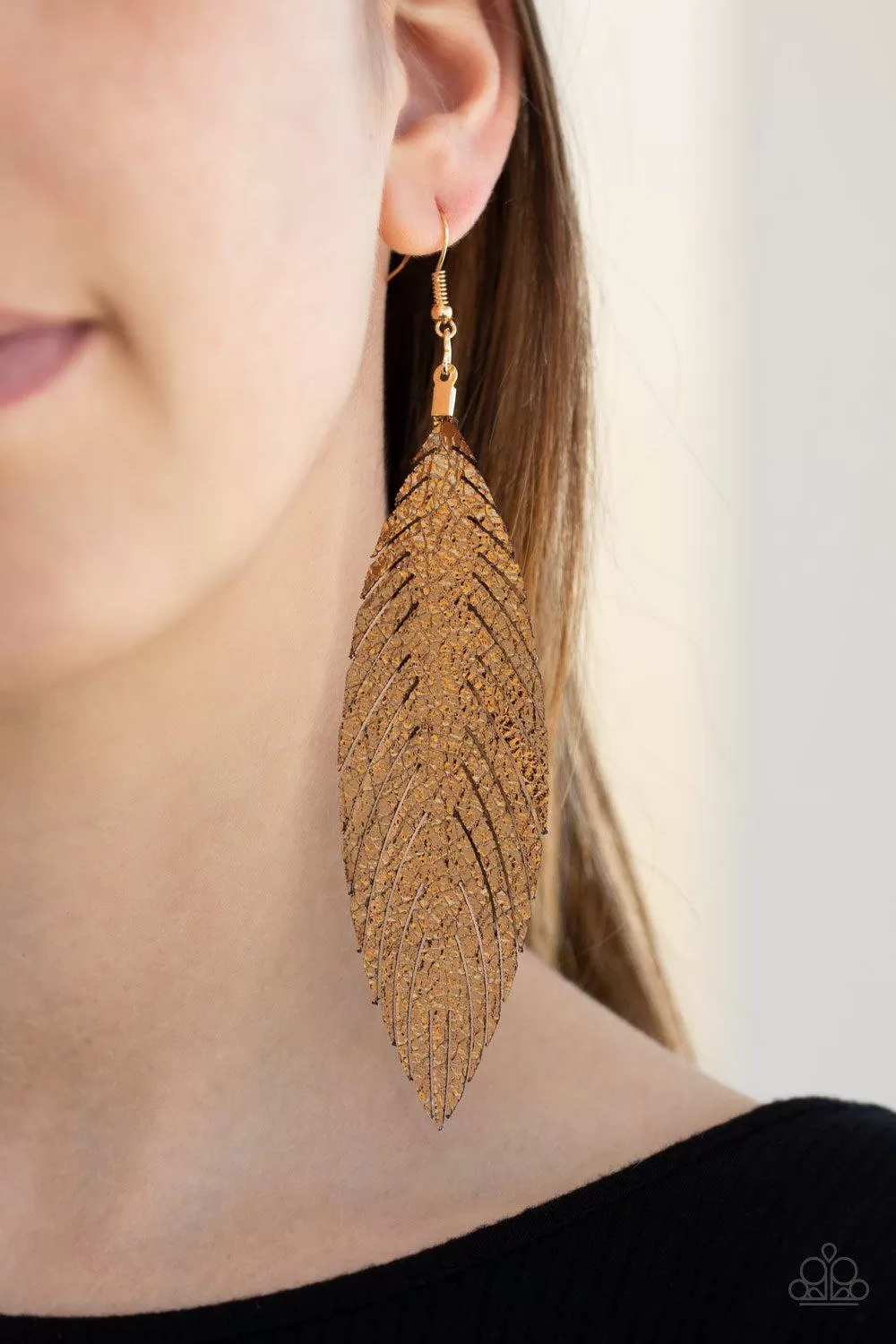 Feather Fantasy Gold Metallic Leather Feather Earrings - Paparazzi Accessories