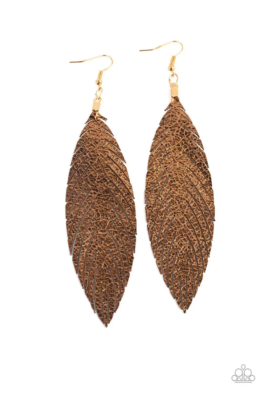 Feather Fantasy Gold Metallic Leather Feather Earrings - Paparazzi Accessories