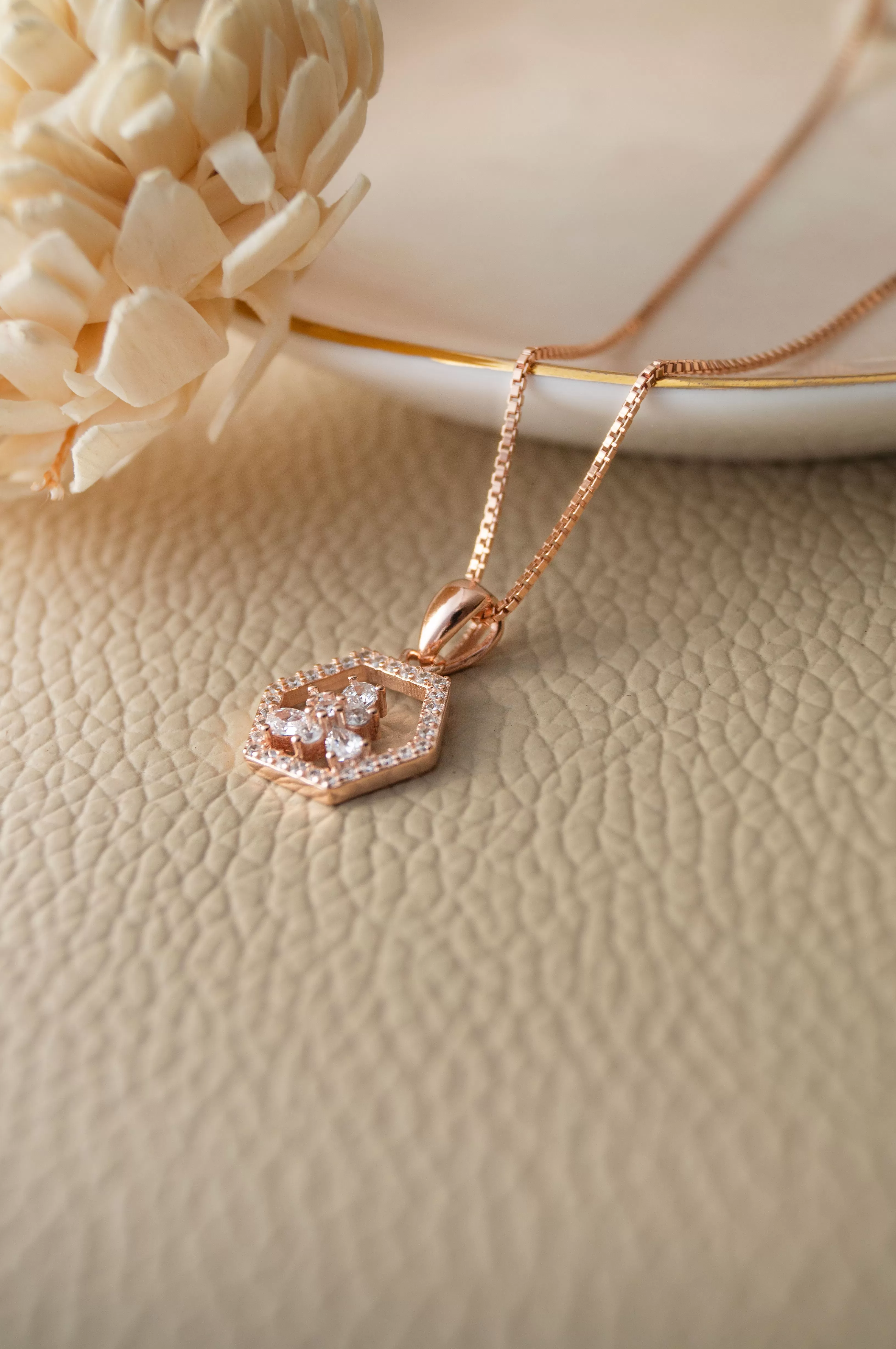 Hexagon With A Flower Rose Gold Plated Sterling Silver Pendant Set