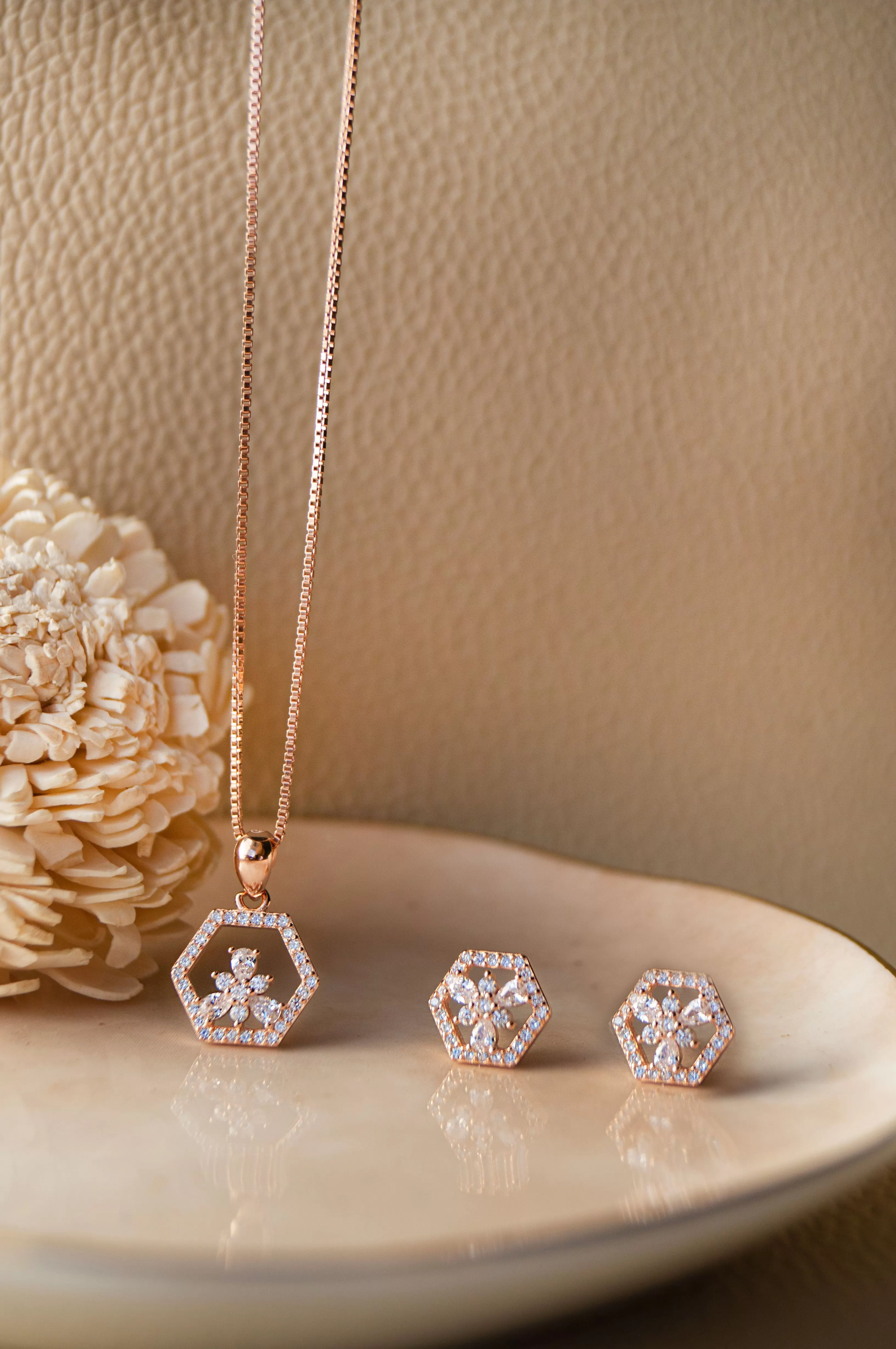 Hexagon With A Flower Rose Gold Plated Sterling Silver Pendant Set