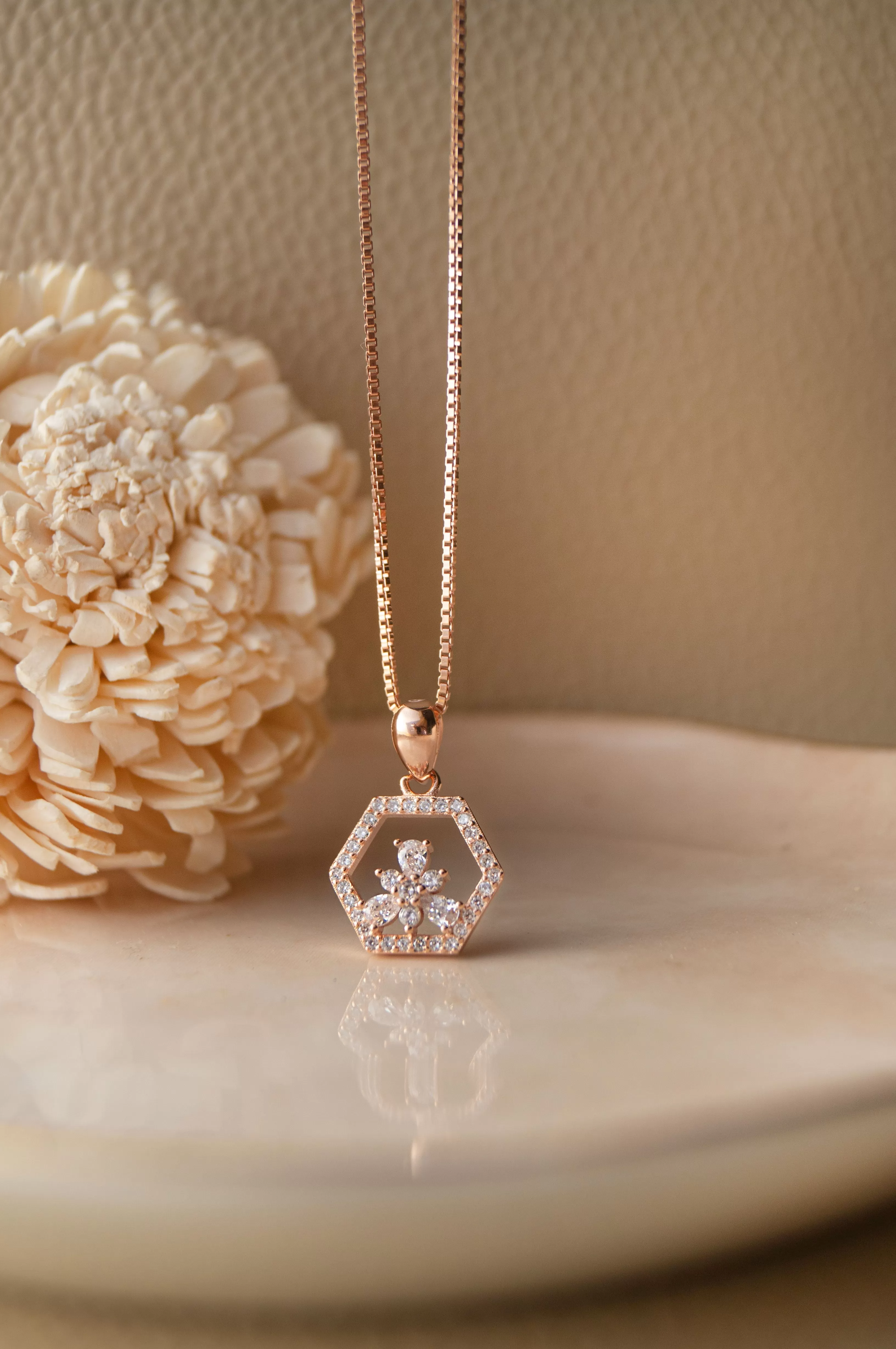 Hexagon With A Flower Rose Gold Plated Sterling Silver Pendant Set