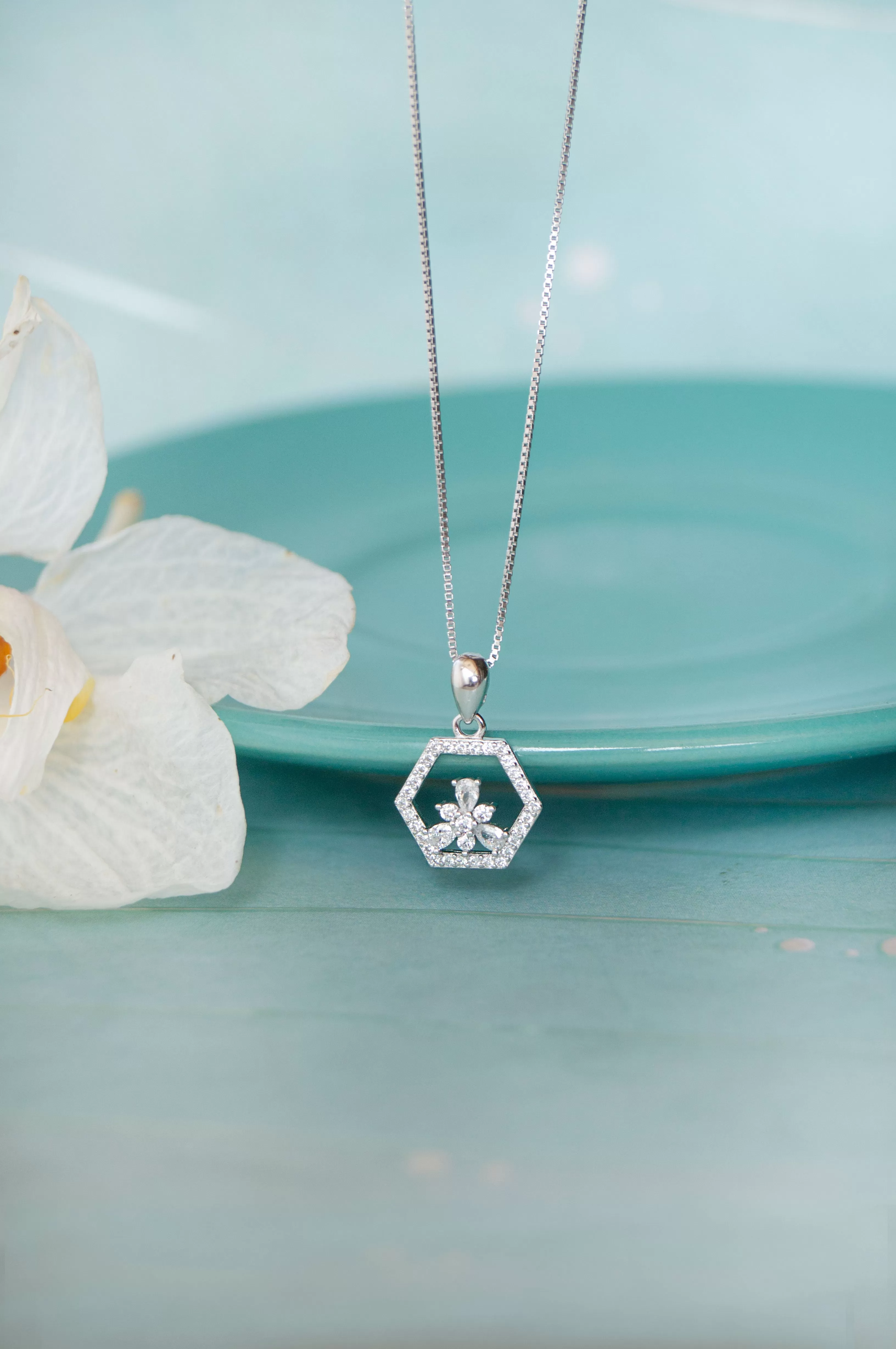 Hexagon With A Flower Rose Gold Plated Sterling Silver Pendant Set