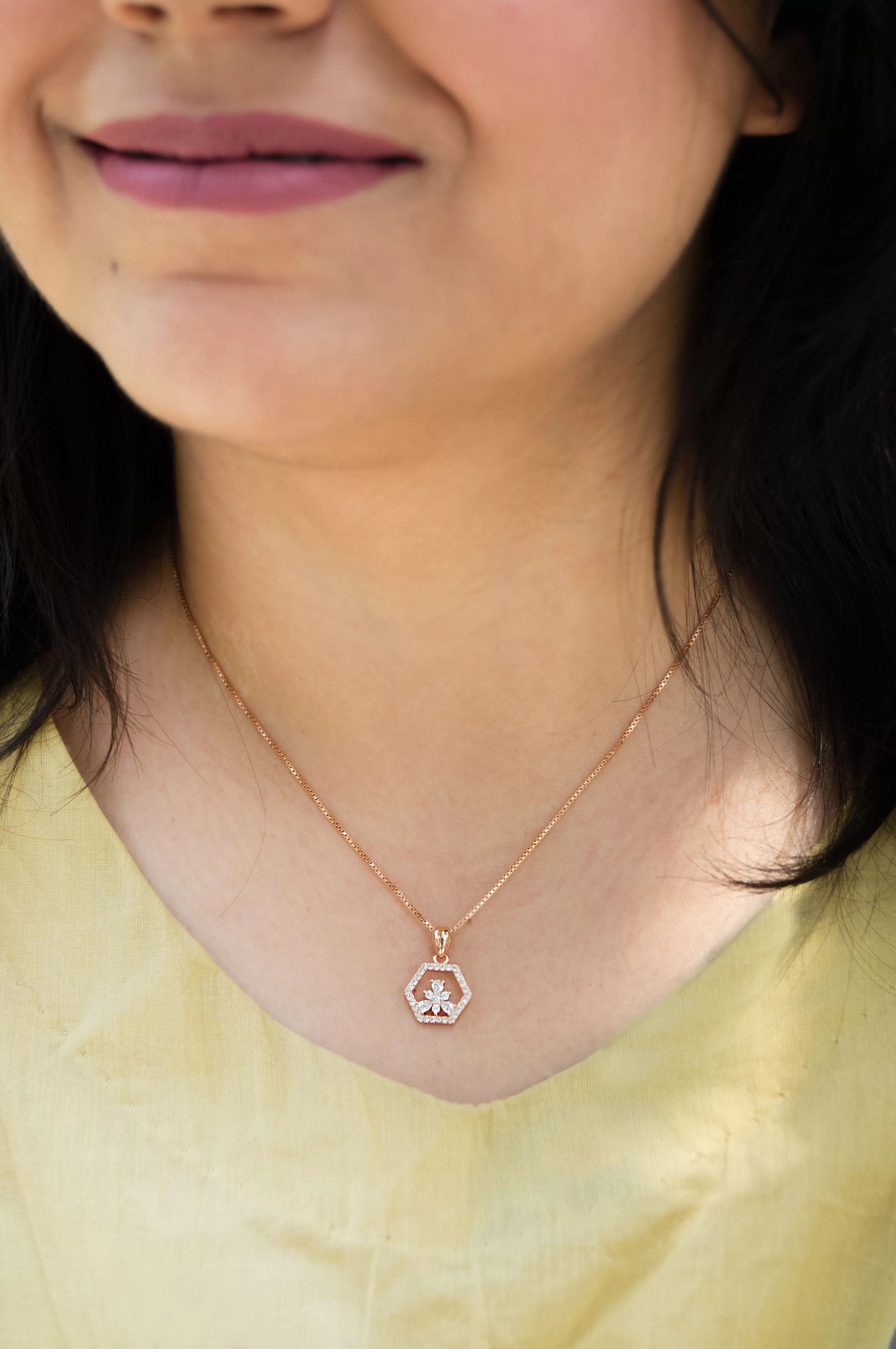 Hexagon With A Flower Rose Gold Plated Sterling Silver Pendant Set