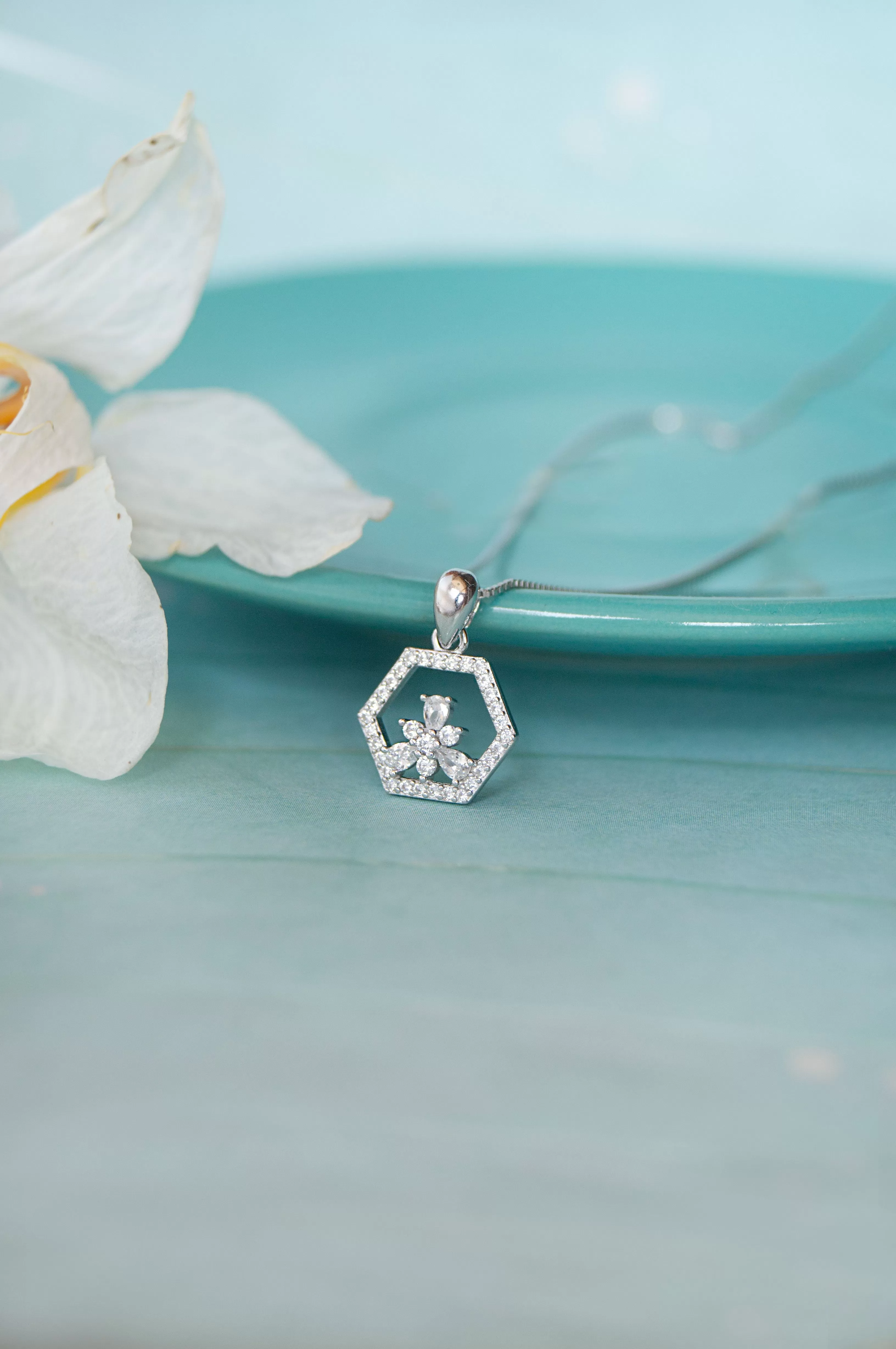 Hexagon With A Flower Rose Gold Plated Sterling Silver Pendant Set