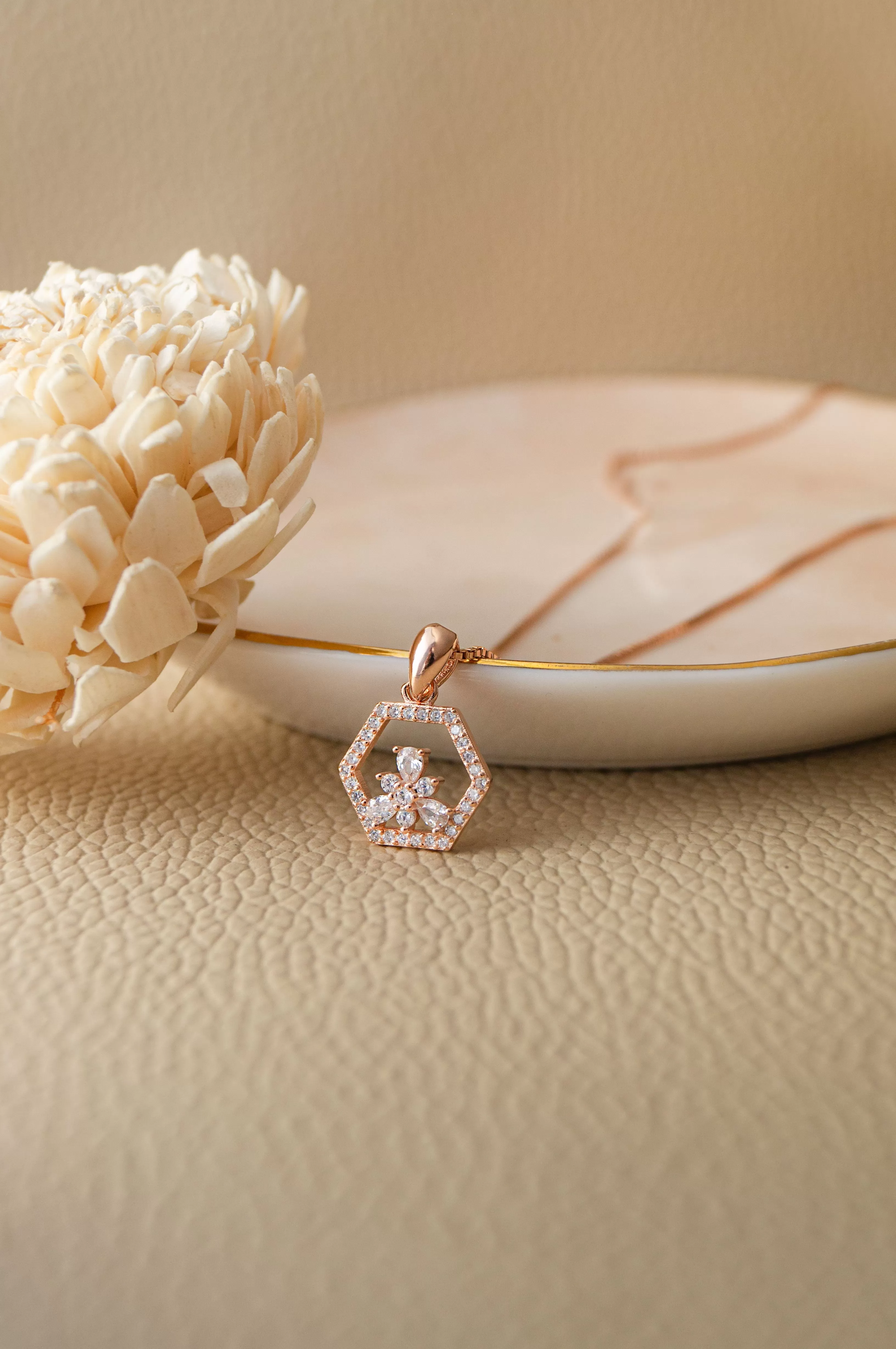 Hexagon With A Flower Rose Gold Plated Sterling Silver Pendant Set