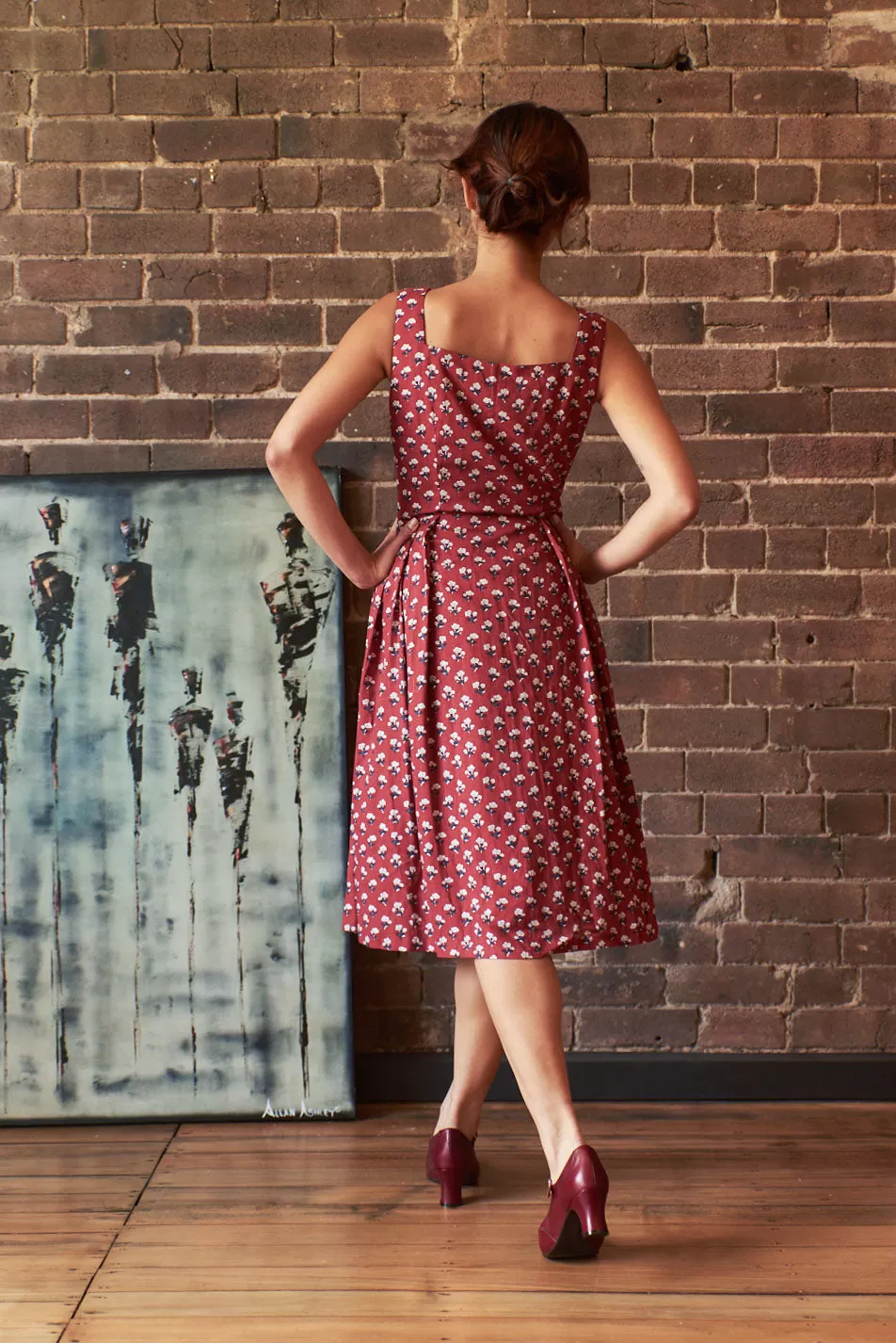 Iva Burgundy & Cream Floral Linen Dress