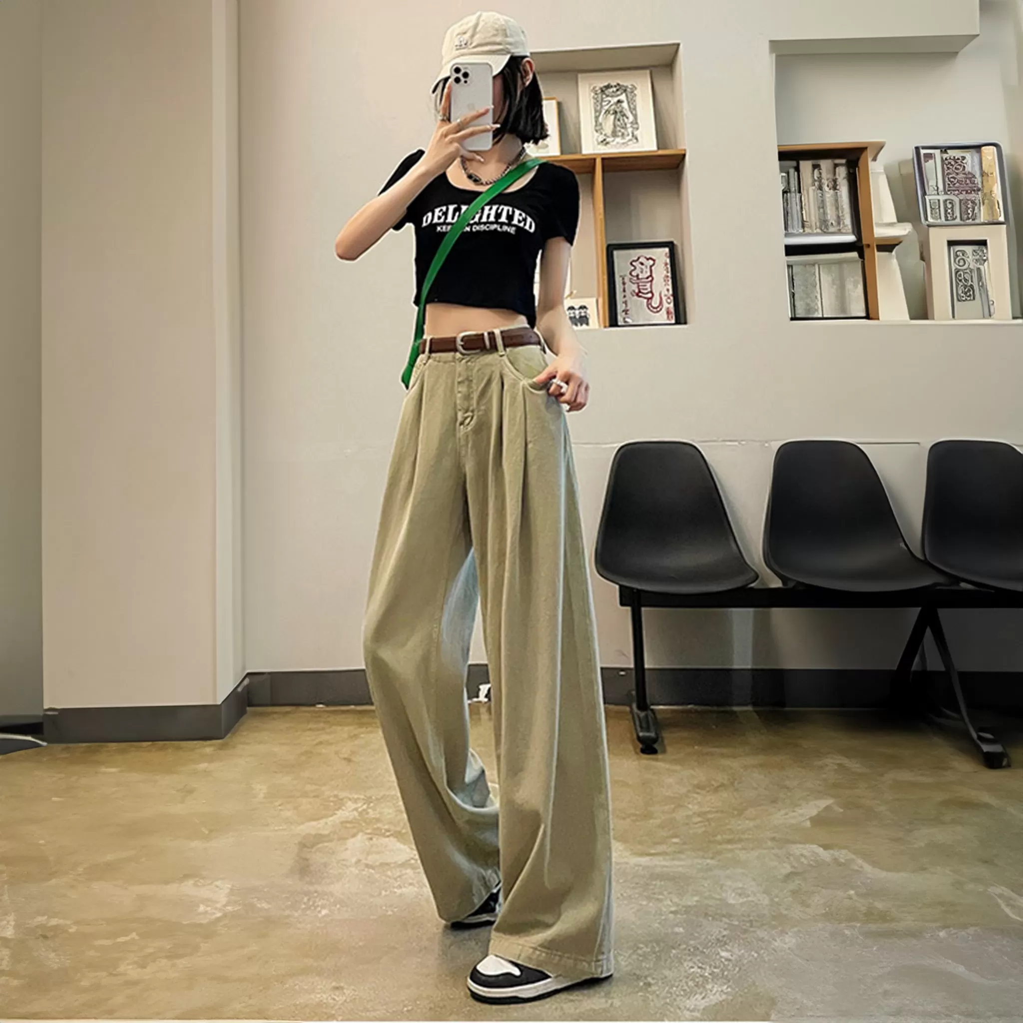 Khaki Cotton Korean baggy pants for women