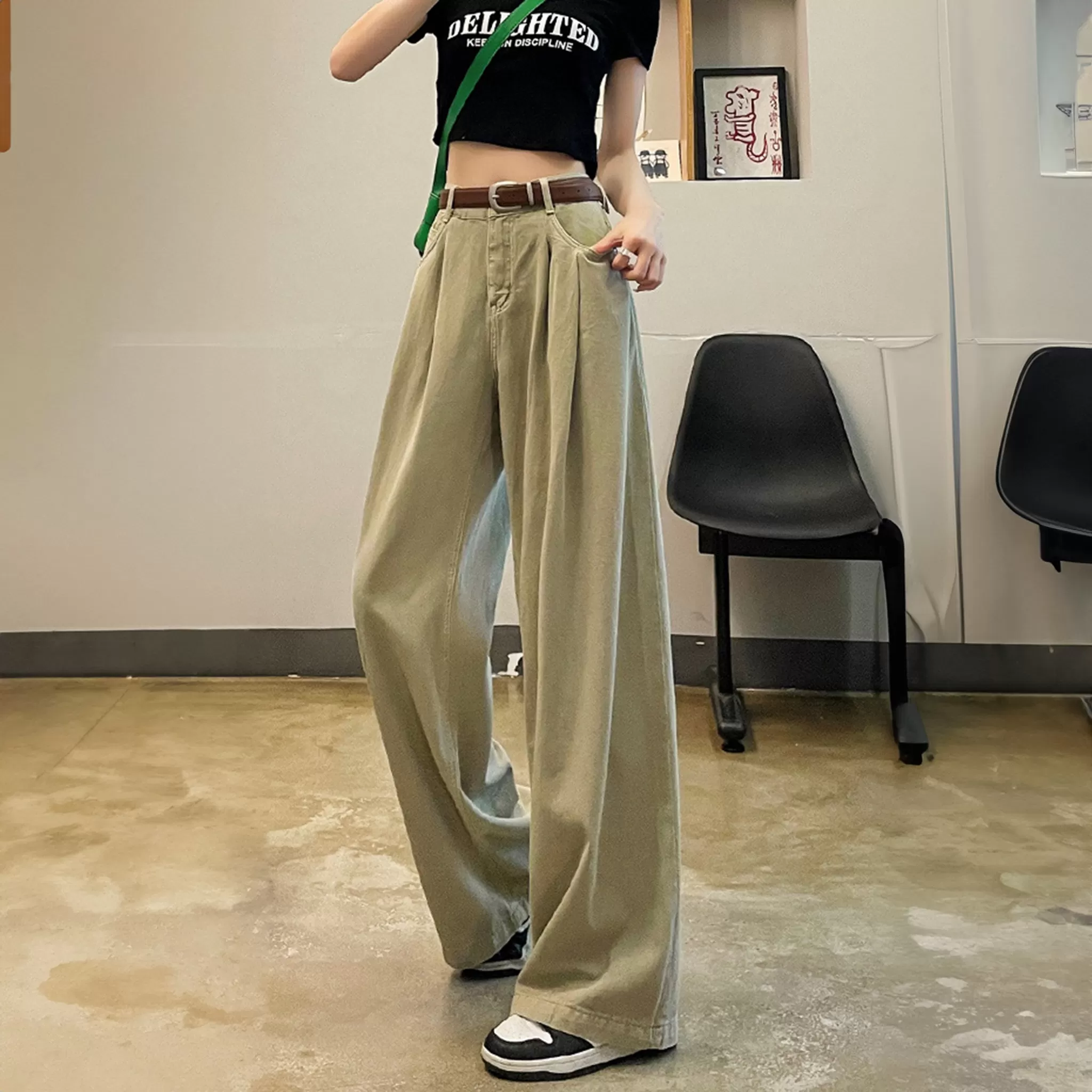 Khaki Cotton Korean baggy pants for women