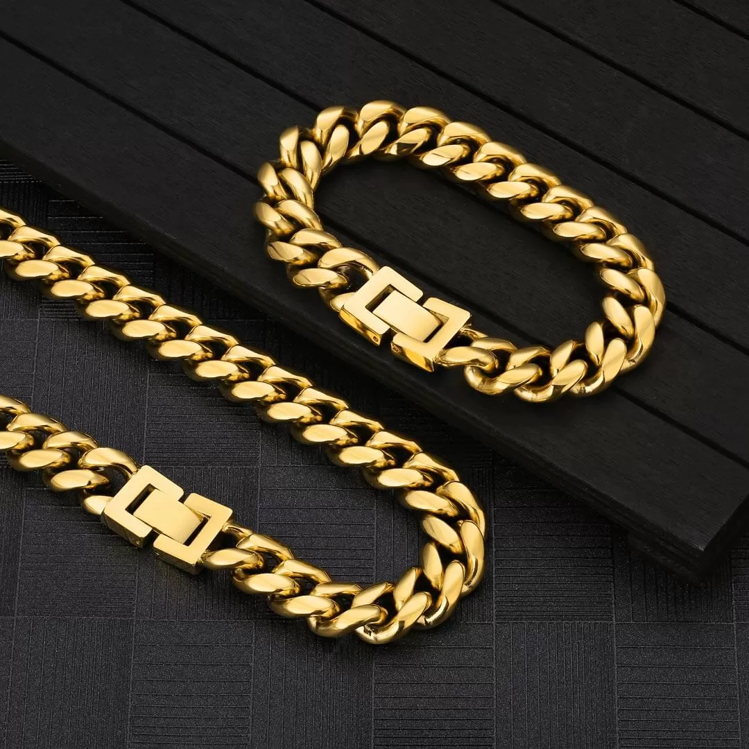 KRKC 12mm Mens Miami Cuban Link Chain and Bracelet Set in 18K Gold