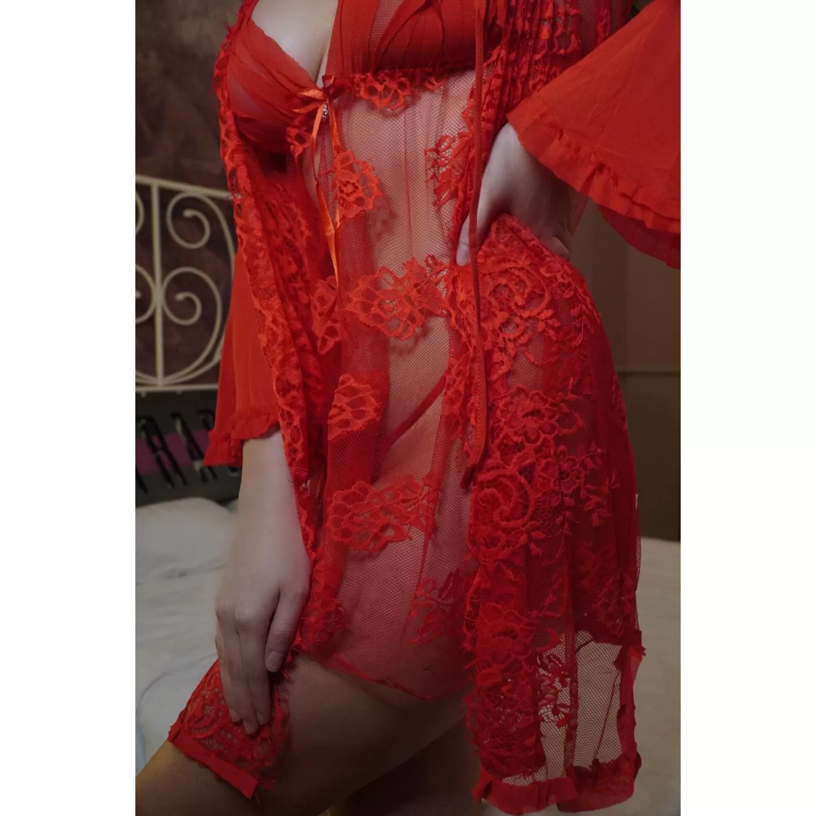 LENJERIE 'RED PASSION' -  Set lenjerie intima rosie 3 piese neglijeu halat slip