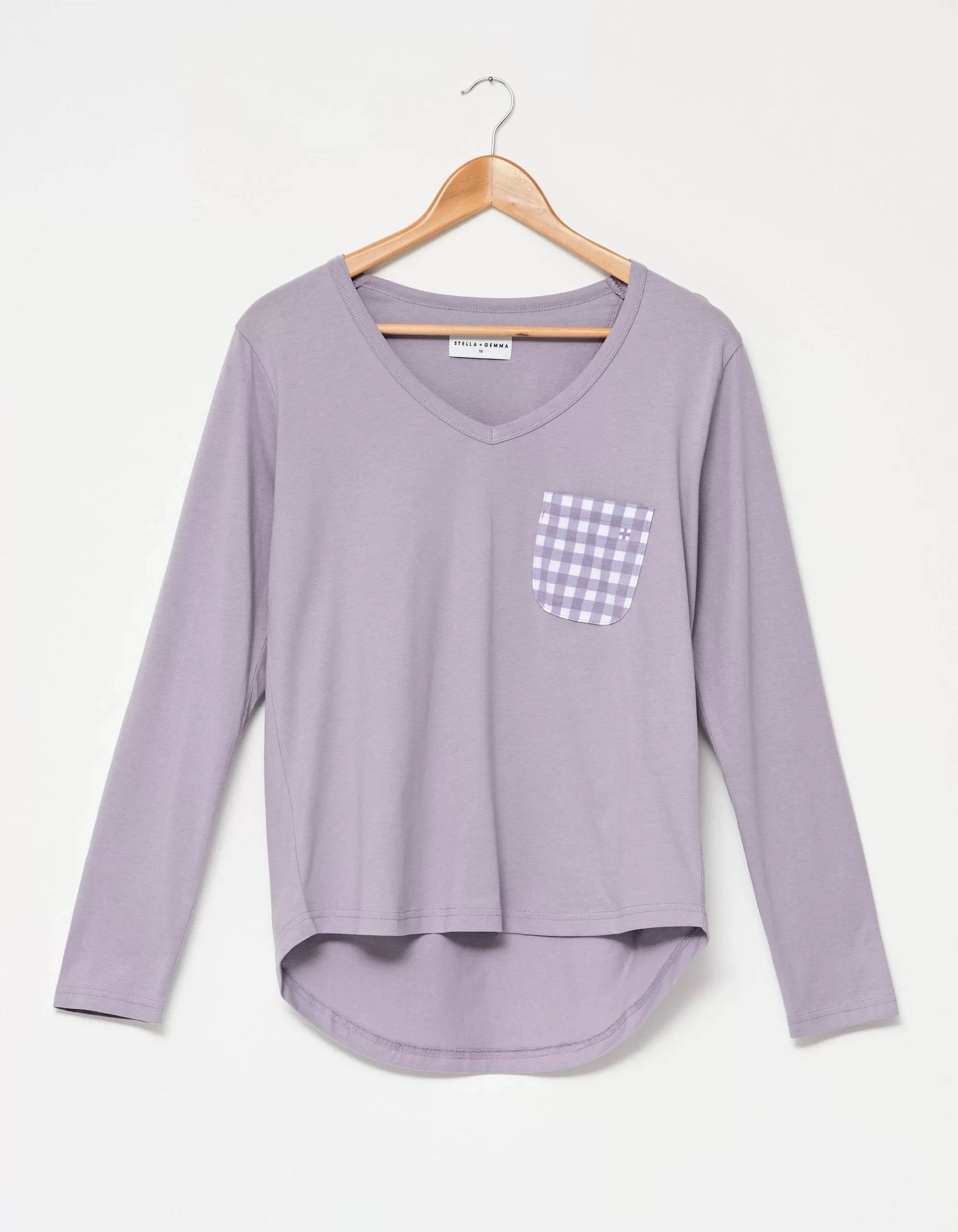 Long Sleeve V-Neck Tee (Lavender/Gingham)