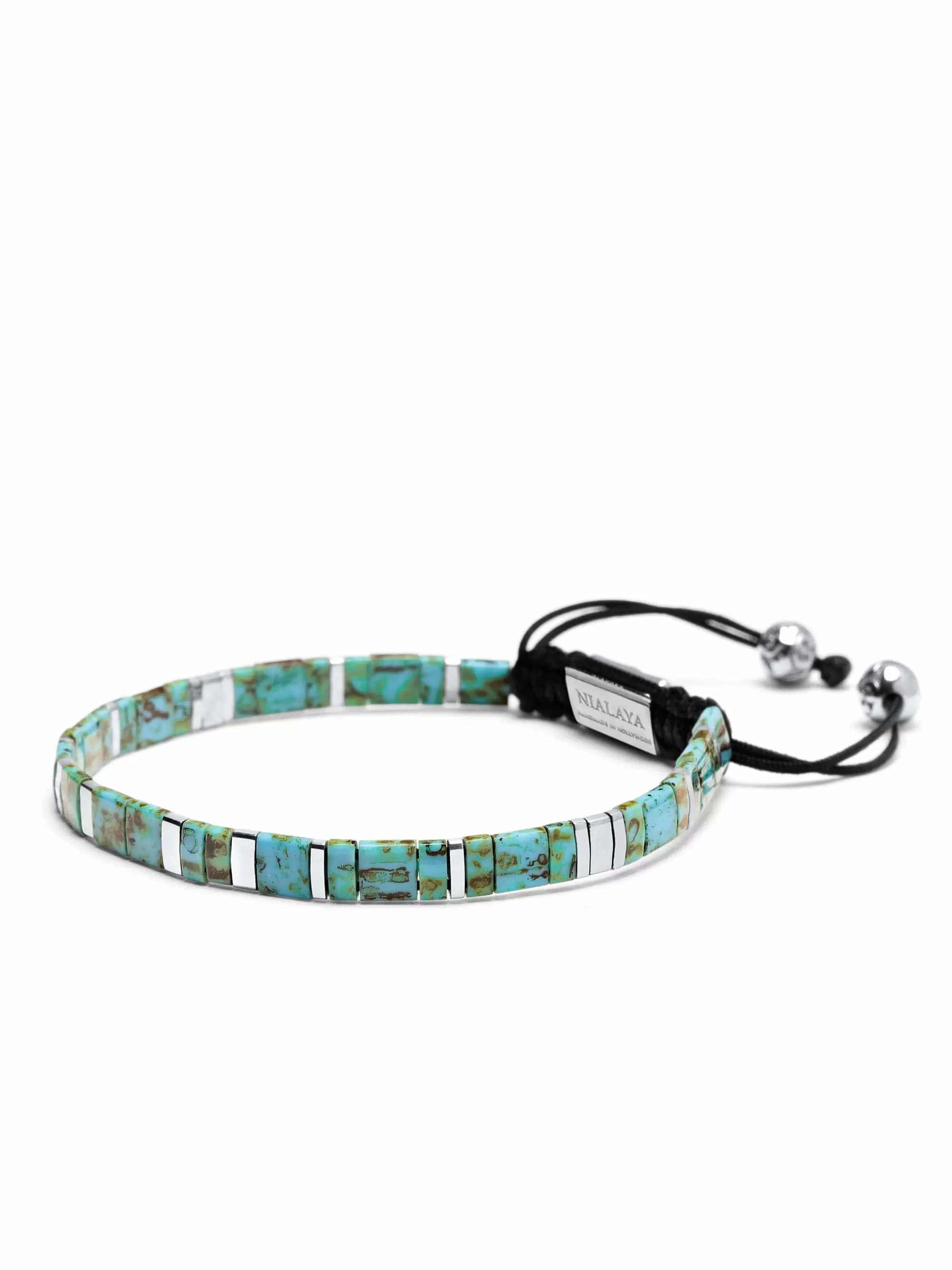 Men's Bracelet with Marbled Turquoise and Silver Miyuki Tila Beads