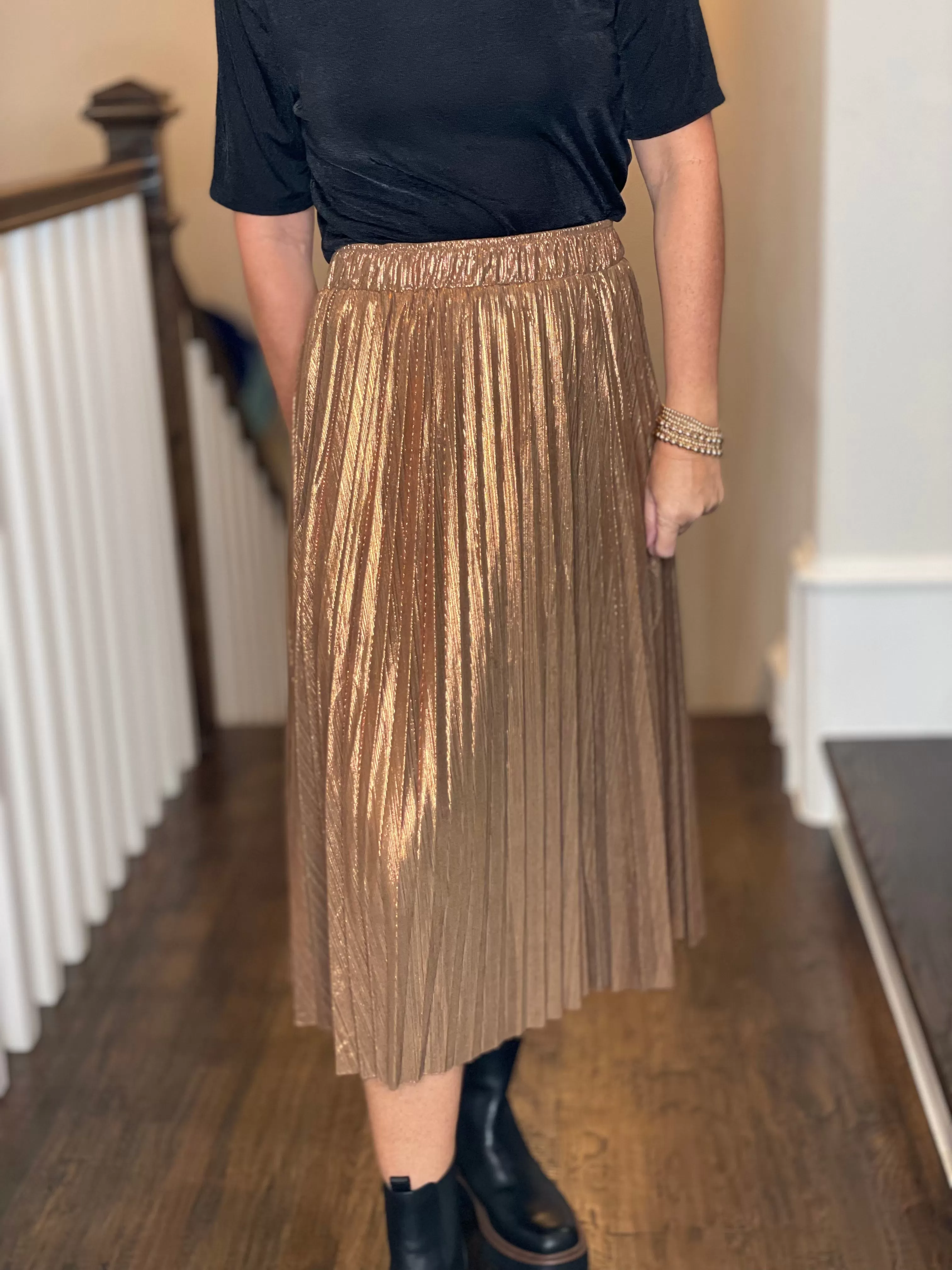 Molly Bracken Metallic Pleated Skirt in Rust