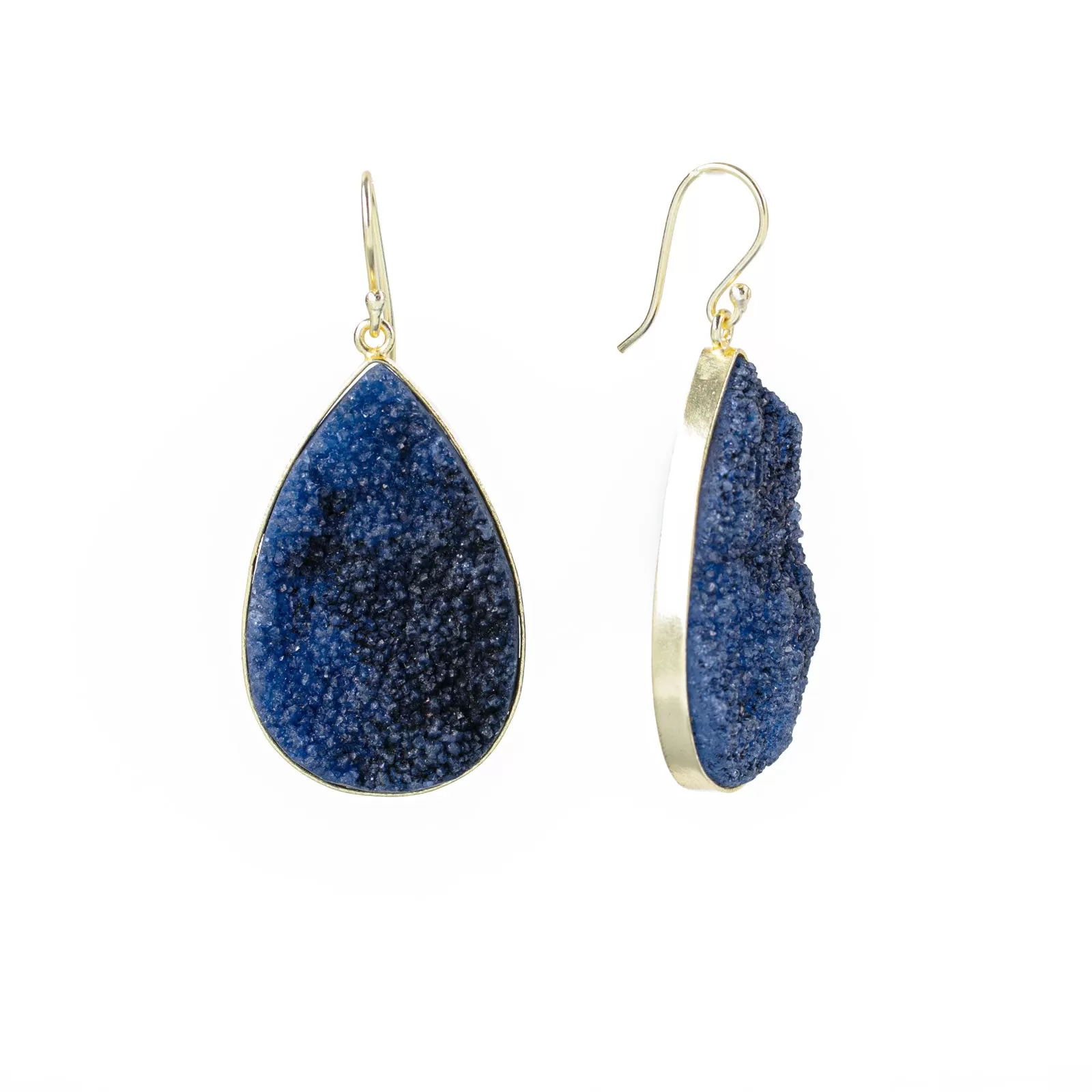 Navy Iolite Druzy Pear Dangle Earrings Gold Plated