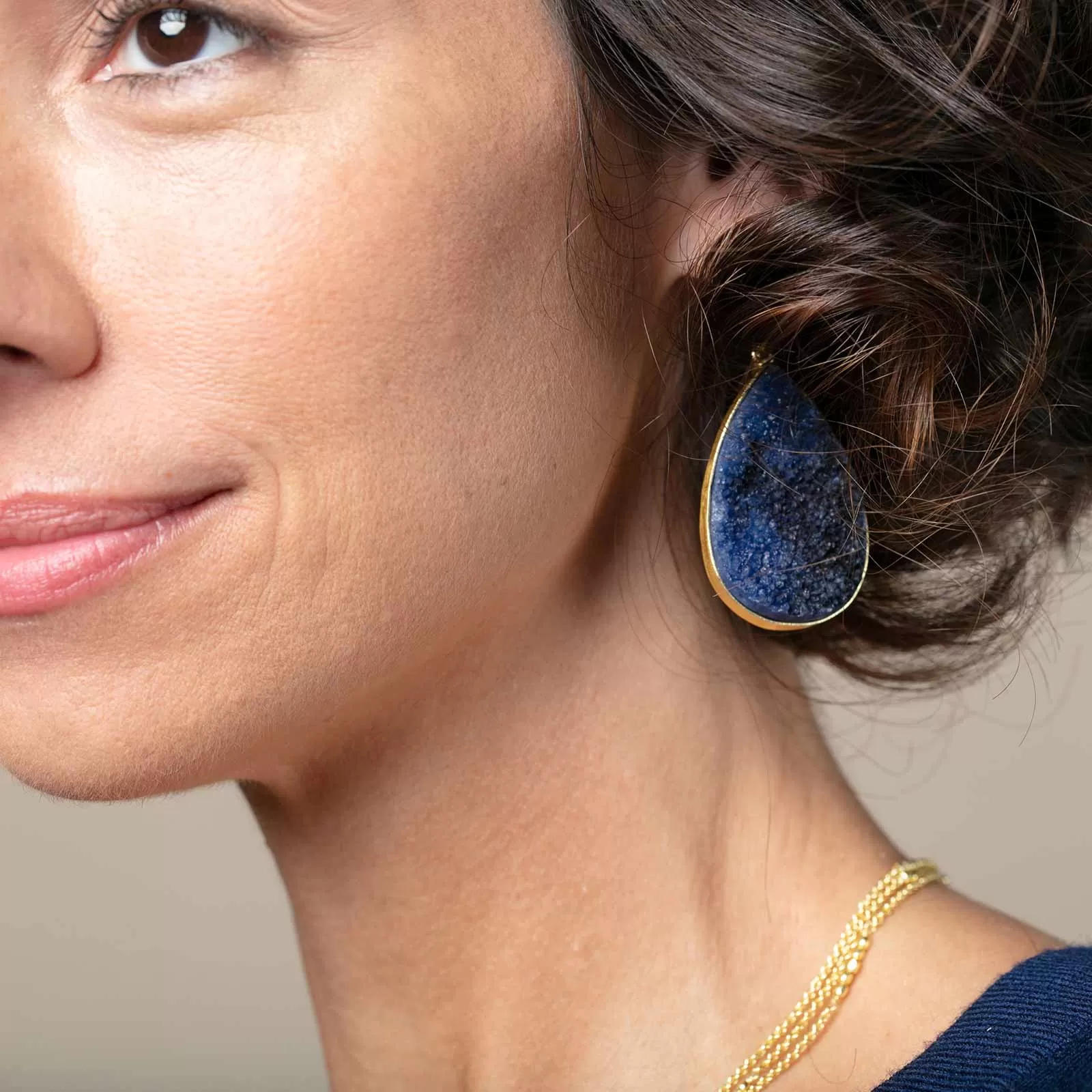 Navy Iolite Druzy Pear Dangle Earrings Gold Plated