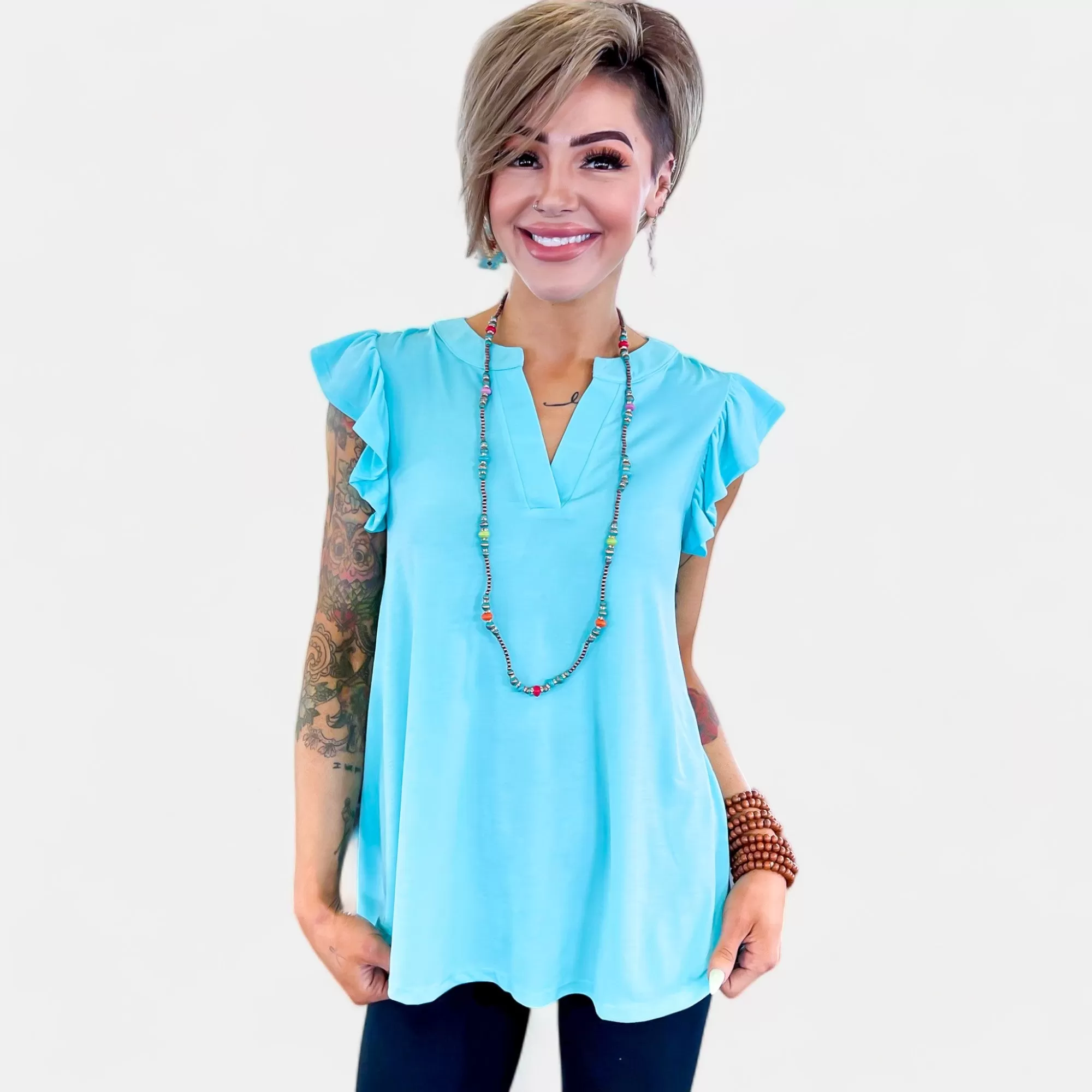 Neon Blue Lizzy Flutter Sleeve Top [NO RETURNS]