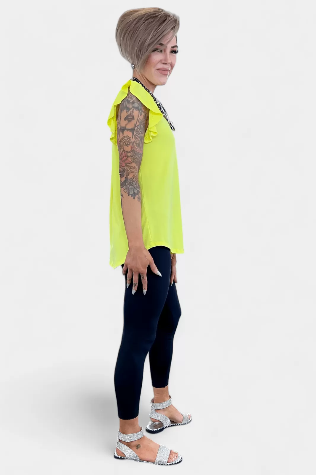 Neon Yellow Lizzy Flutter Sleeve Top [NO RETURNS]