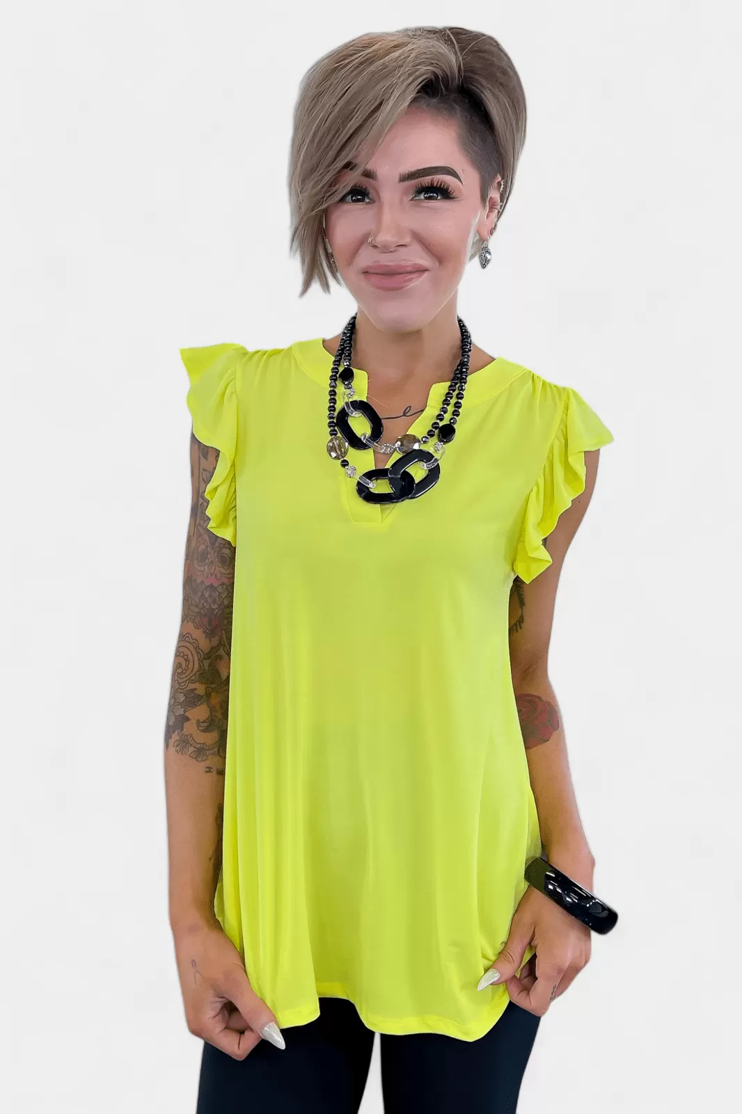 Neon Yellow Lizzy Flutter Sleeve Top [NO RETURNS]