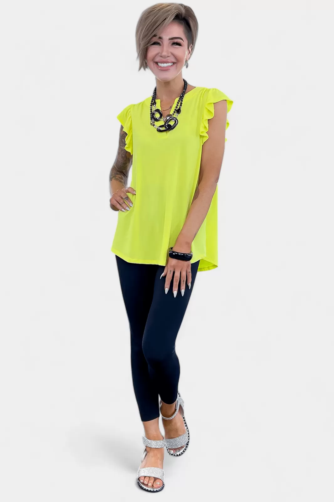 Neon Yellow Lizzy Flutter Sleeve Top [NO RETURNS]