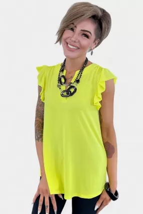 Neon Yellow Lizzy Flutter Sleeve Top [NO RETURNS]