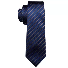 New Men Striped Gold Navy 100% Silk Tie For Party Wedding