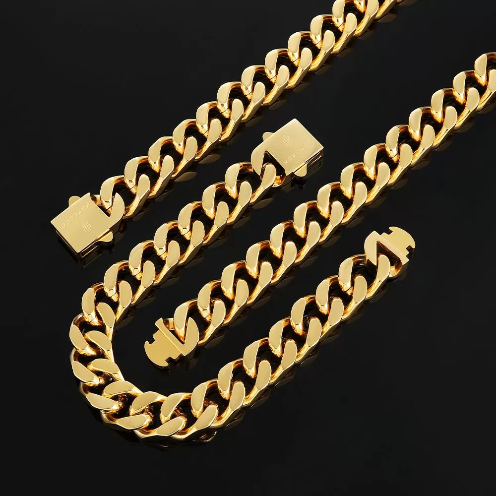 【NEW】14mm Miami Cuban Link Curb Chain and Bracelets Set with Hook Buckle Clasp in 18K Gold